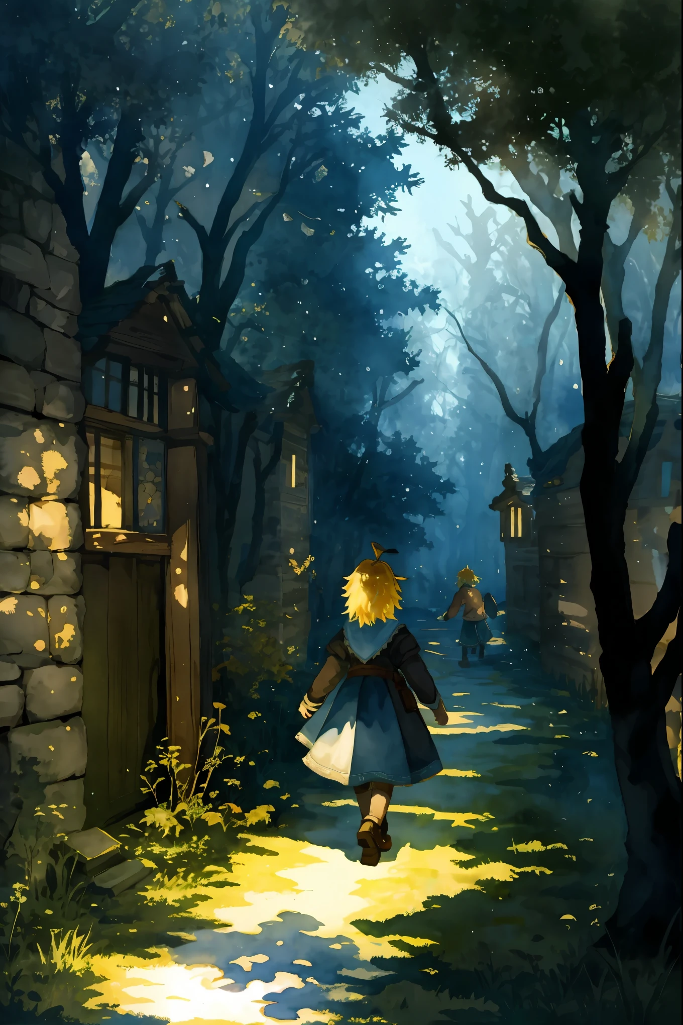 cover page, highres, paid reward available, unparalleled masterpiece, perfect anatomy, terrifying tale, Hansel and Gretel, watercolor elements that seem to shift through time, good lighting, volumetric lighting, cinematic shadow,