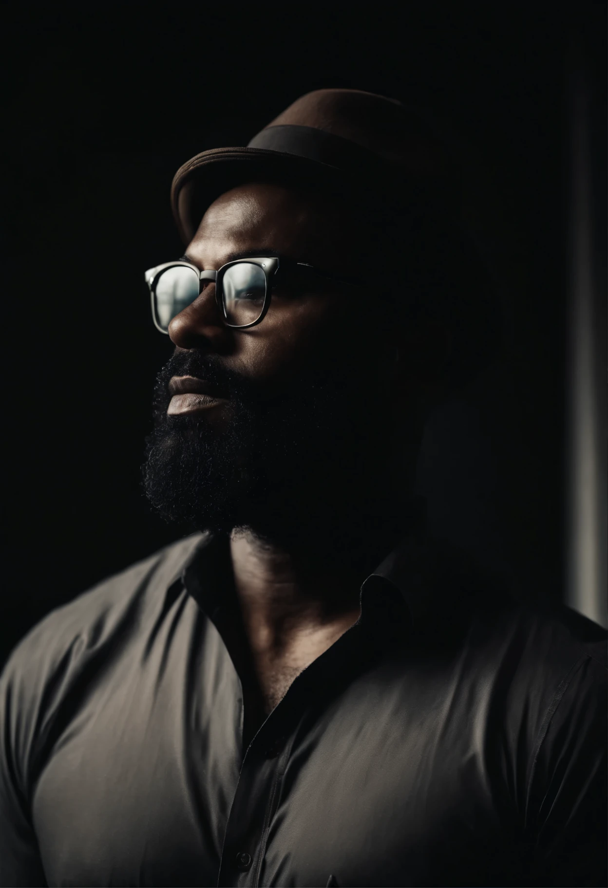 Portrait of a black man wearing a beard and glasses with a thin face 44 years old weighing 100 kilos and 1.90 tall wearing black shirt and pants