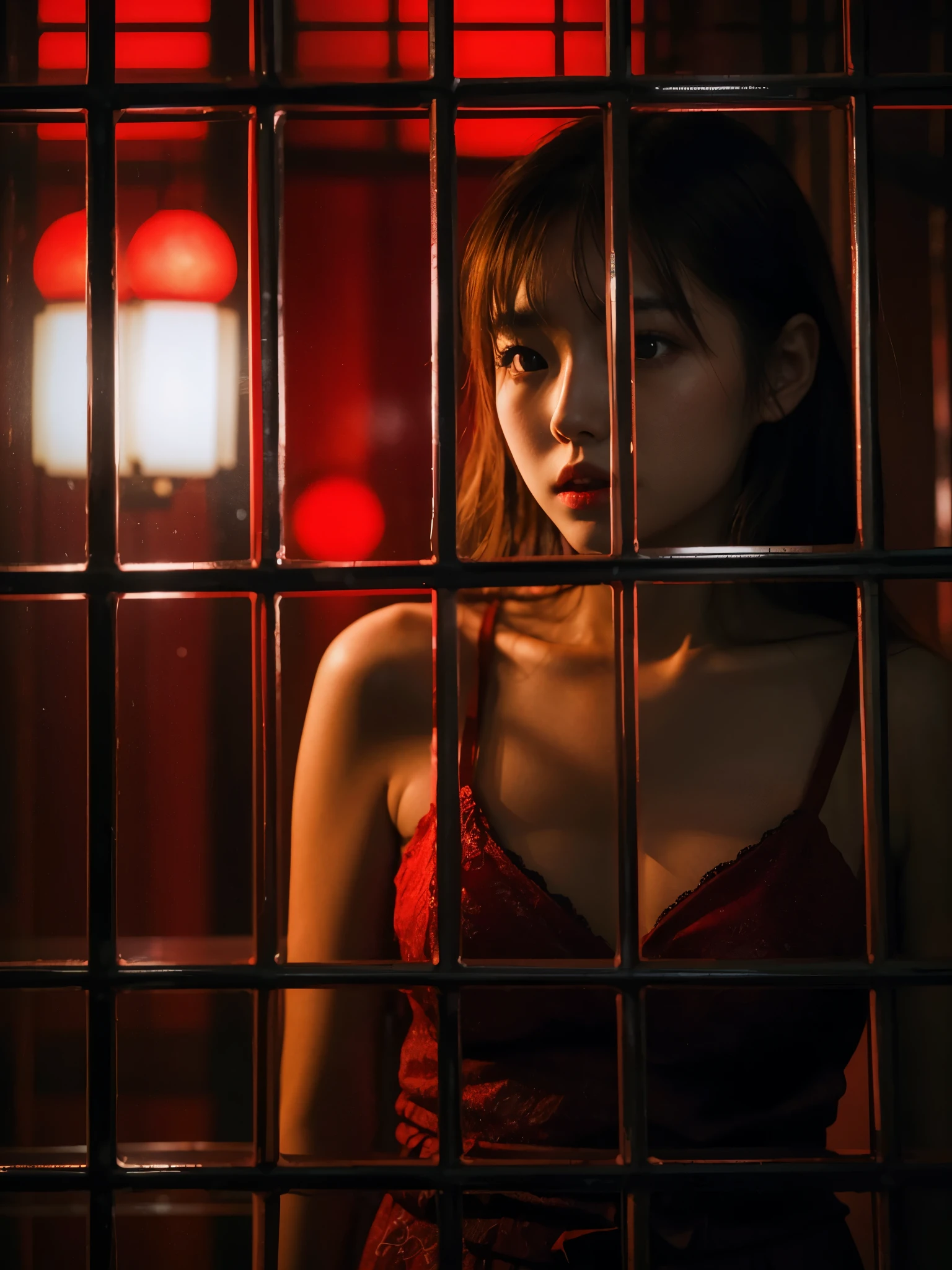 backlight dramatic night photography, night scene, 30 years japanese girl, pale face, very thin body, brown hair, wearing red brassiere & pants, trapped inside red glass square display, dramatic source of light