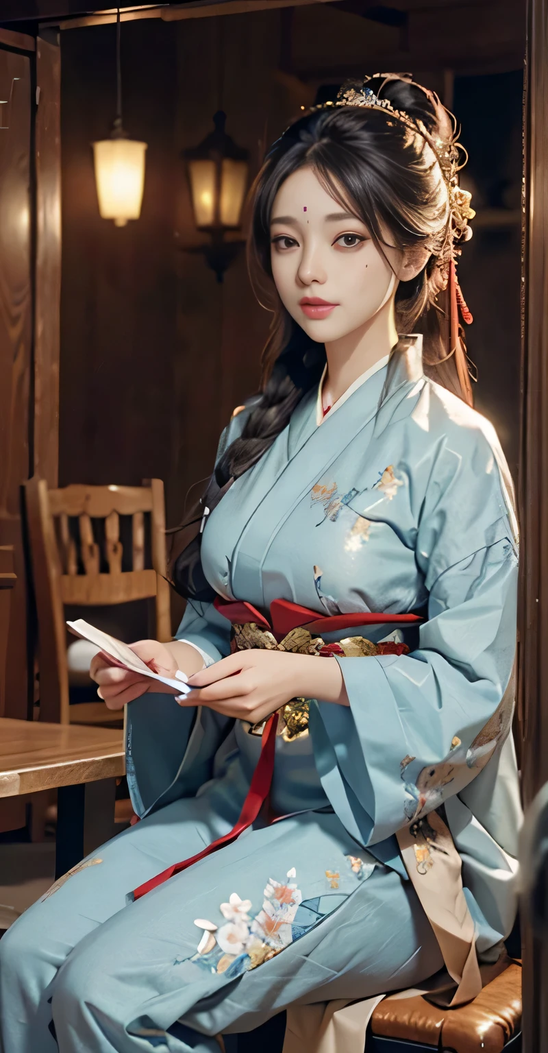 (Absurd, high-res, Super Detailed), 1girls, Shy, Shy, sweet gentle girl, intricate detailed, Enlarged surface, intricate detailed, Fine eyes and detailed faces, intricate detailed, Gray Hair, flowing hair, Clothing to cover hands, Covering hands, perfect breasts, areola, (Shut Up), (Perfect Eyes, Equal eyes), wearing traditional Hanfu, short skirt, super realistic, photo-hyper-realistic,
