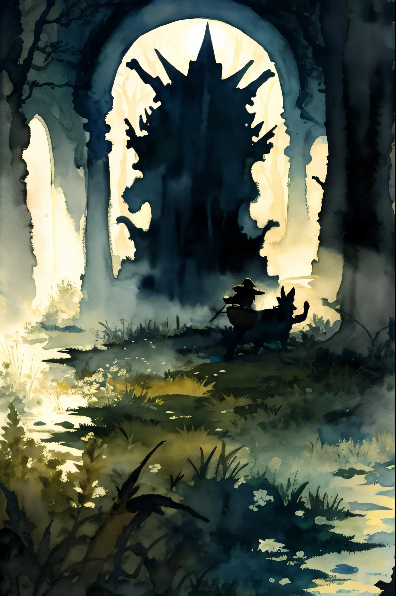 cover page, highres, paid reward available, unparalleled masterpiece, perfect anatomy, terrifying tale, Hansel and Gretel in Temporal Watercolor style, watercolor elements that seem to shift through time, good lighting, volumetric lighting, cinematic shadow,