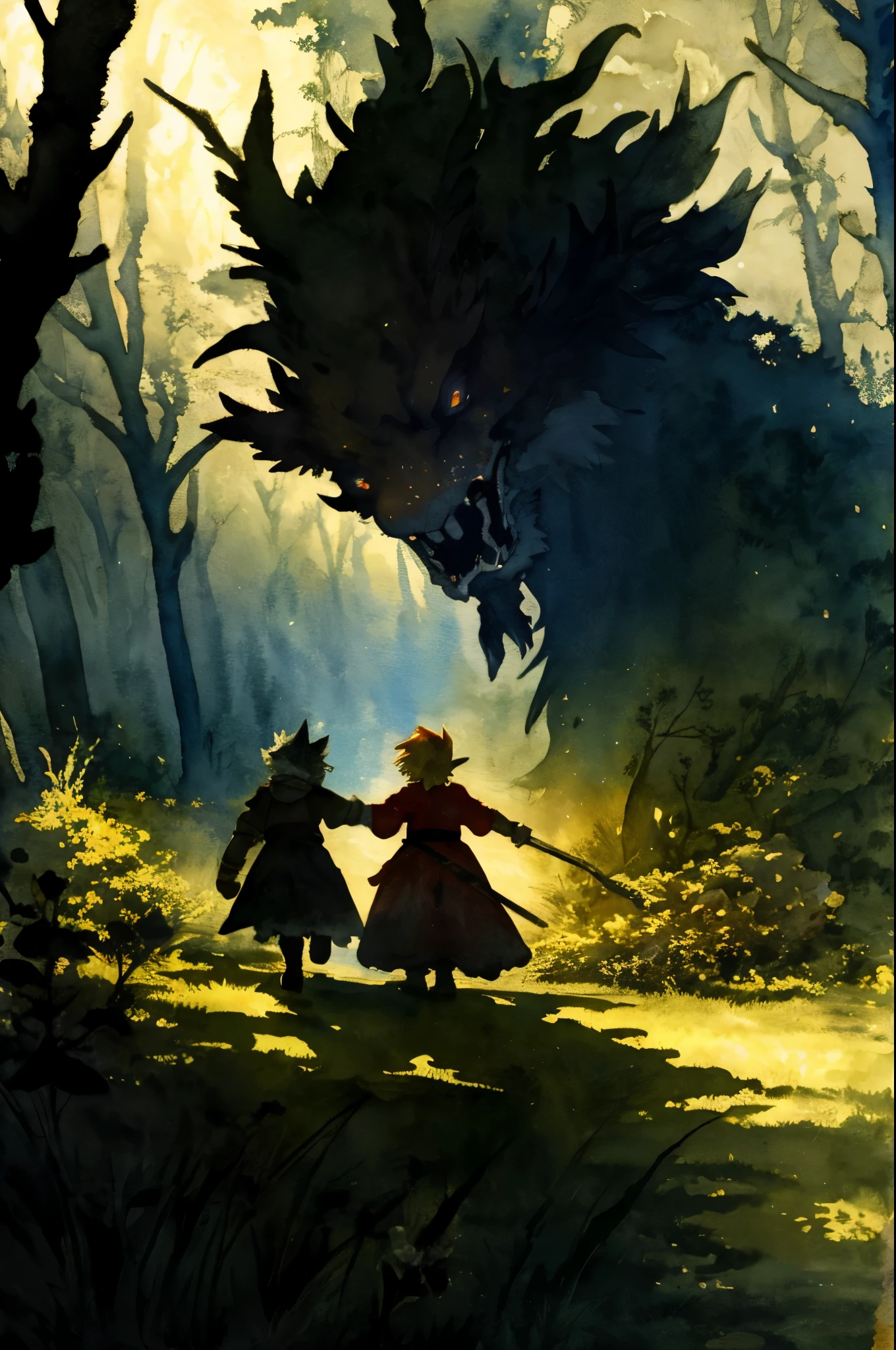 cover page, highres, paid reward available, unparalleled masterpiece, perfect anatomy, terrifying tale, Hansel and Gretel in Temporal Watercolor style, watercolor elements that seem to shift through time, good lighting, volumetric lighting, cinematic shadow,