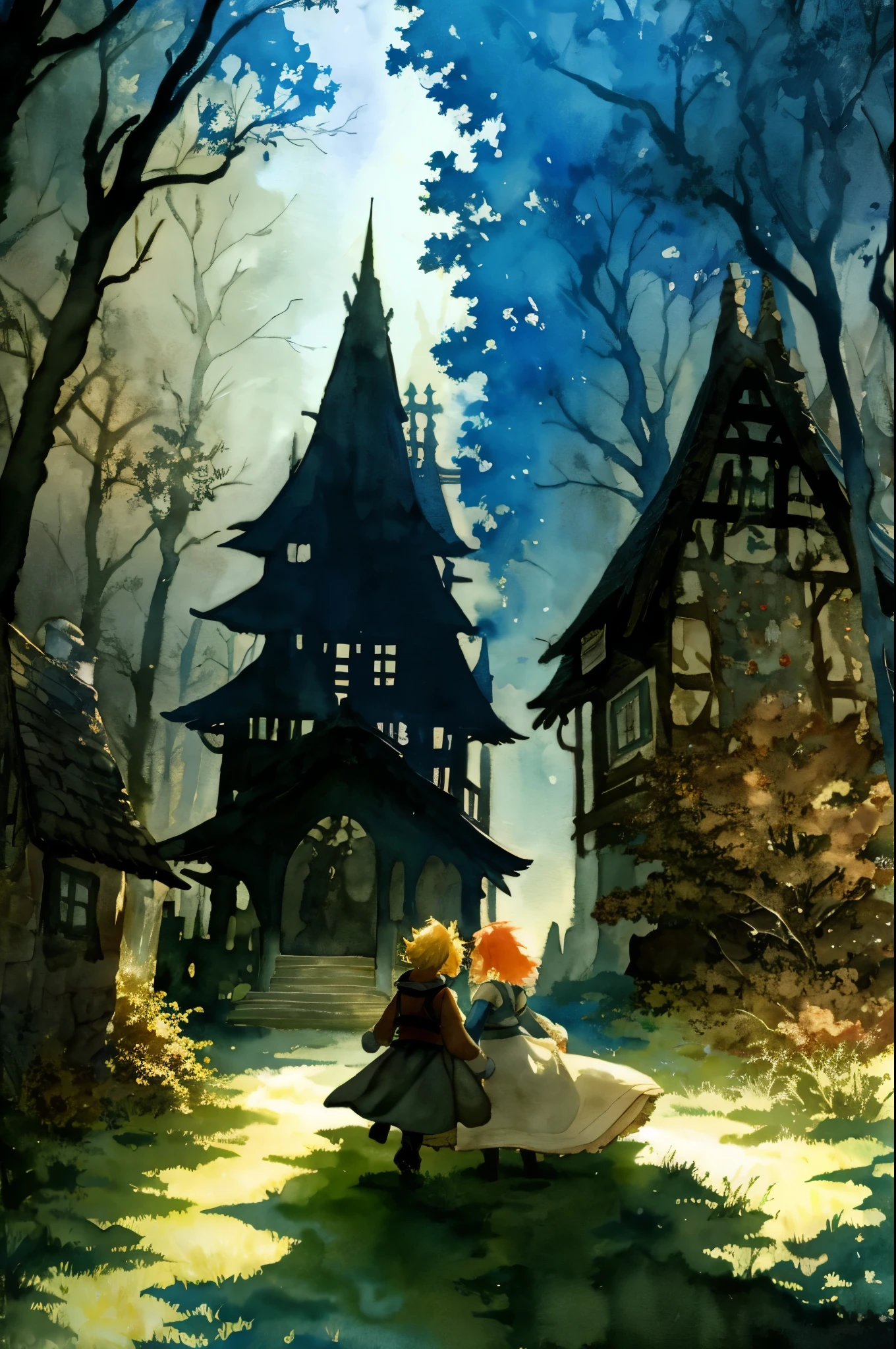 cover page, highres, paid reward available, unparalleled masterpiece, perfect anatomy, terrifying tale, Hansel and Gretel in Temporal Watercolor style, watercolor elements that seem to shift through time, good lighting, volumetric lighting, cinematic shadow,