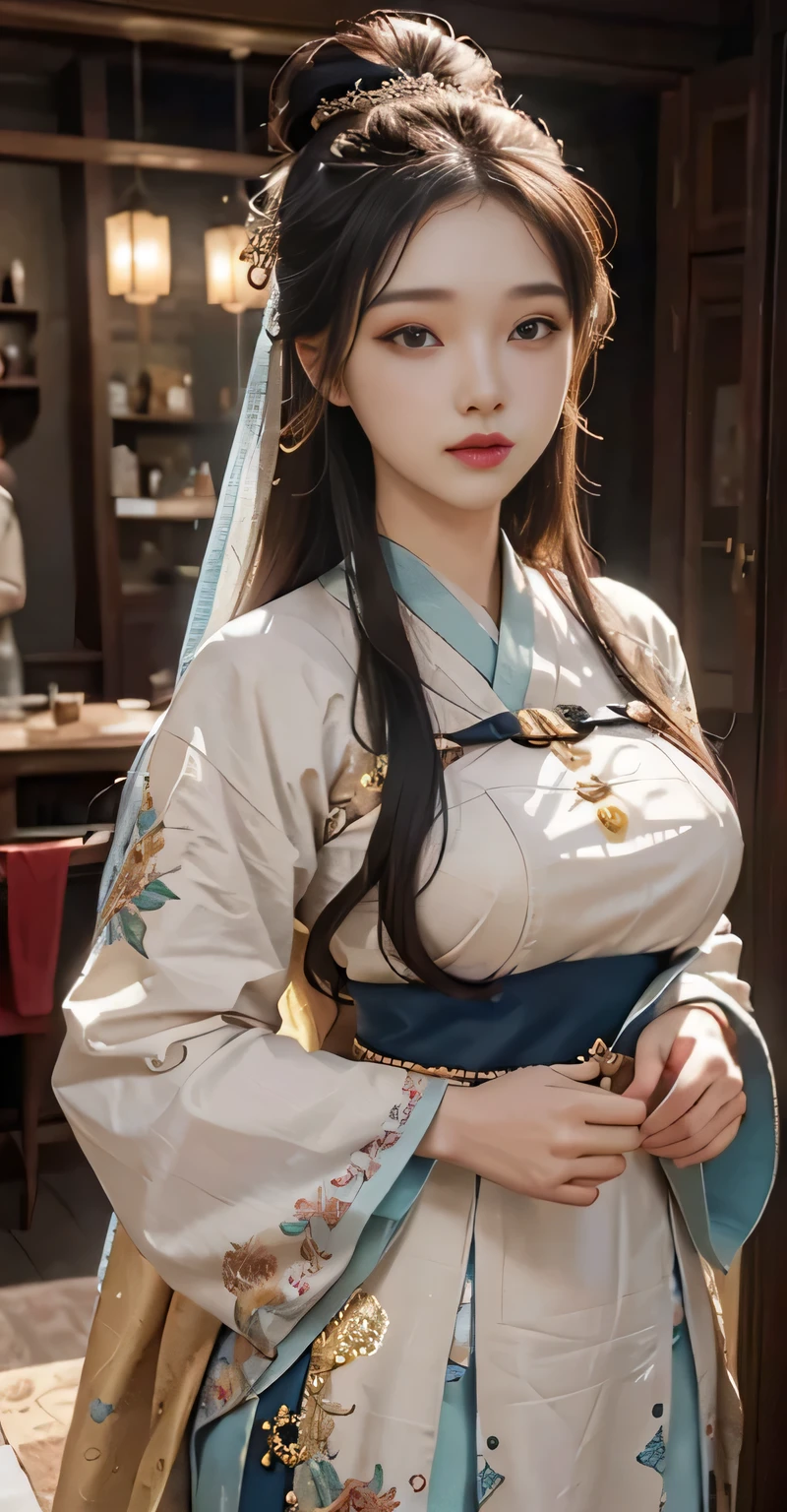 (Absurd, high-res, Super Detailed), 1girls, Shy, Shy, sweet gentle girl, intricate detailed, Enlarged surface, intricate detailed, Fine eyes and detailed faces, intricate detailed, Gray Hair, flowing hair, Clothing to cover hands, Covering hands, perfect breasts, areola, (Shut Up), (Perfect Eyes, Equal eyes), wearing traditional Hanfu,  short skirt, super realistic, photo-hyper-realistic,