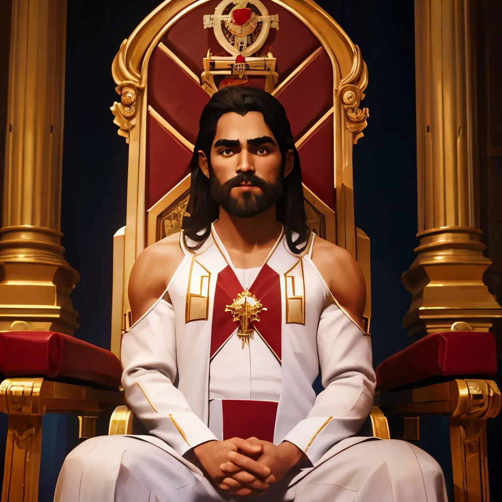 Jesus sitting on his throne with a white robe and a red ribbon going around his shoulders and going down to his knee, com um tigre em seu colo fazendo carinho