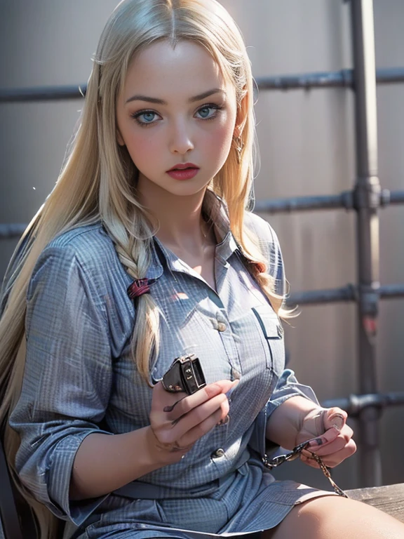 (best quality, 8k, highres, photorealistic:2.0), (solo, one girl:2.0),(lighting: front),(lighting: strong),(ultimate beautiful girl:2.0),(shiny skin),(oily skin),(platinum blonde hair:1.3),(straight long hair:2.0),Blush brown makeup , dark eye makeup , use pink glossy lipstick,(big beady eyes girl:1.5),(thin girl:1.5),(baby face girl),(Photographed at a serious criminal prison:1.8),(Wearing prison uniform:1.8),(she is a prisoner:1.5),(criminal girl:1.5),(sex appeal:1.7),(Girl serving time for robbery and murder:1.7),(Girl in prison for murder:1.5),(Girl who is a long-term prisoner:1.5),(A girl who was the leader of a group of robbers),(The girl is a dishonest prisoner),(girl who committed a serious crime),(sweet smelling girl)