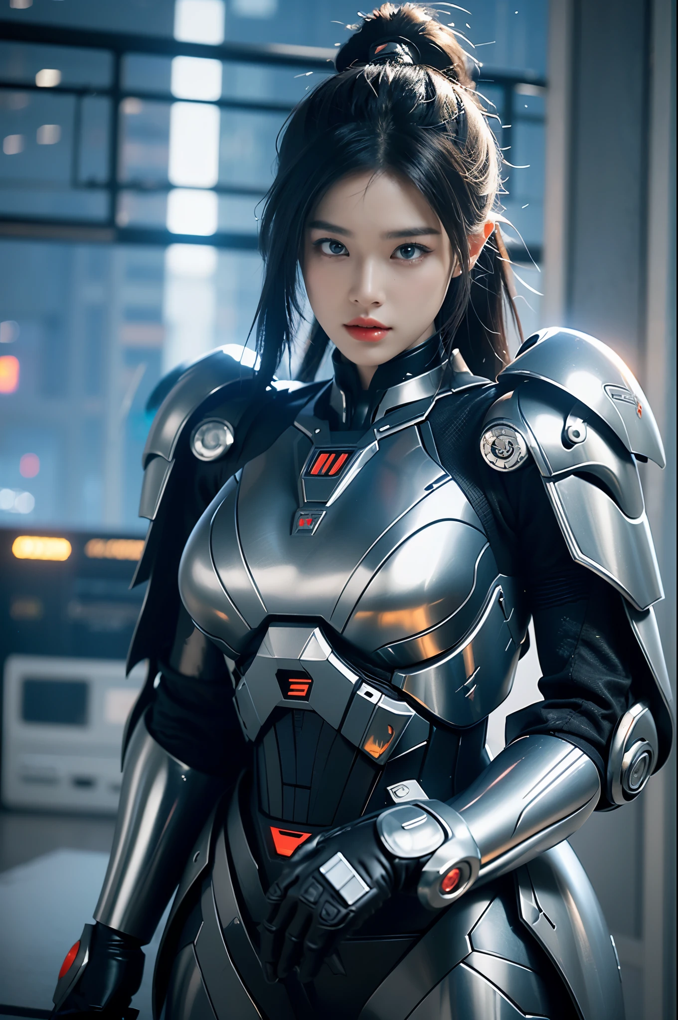 game art，best picture quality，Highest resolution，8k，((A half-length photo))，((portrait))，(rule of thirds)，Unreal Engine 5 rendering works， (Future girl)，(female warrior)， 22-year-old young hacker)，(ancient oriental hairstyle)，(Beautiful eyes full of details)，(big breasts)，(eye shadow)，Elegant and charming，indifferent，((frown))，(A battle suit full of futuristic technology，The costume combines futuristic power armor and，Clothing is decorated with glittering patterns and emblems)，cyberpunk characters，in the style of futuristic， photo poses，city background，lamp，Ray tracing，Game CG，((3D Unreal Engine))，OC rendering reflection pattern