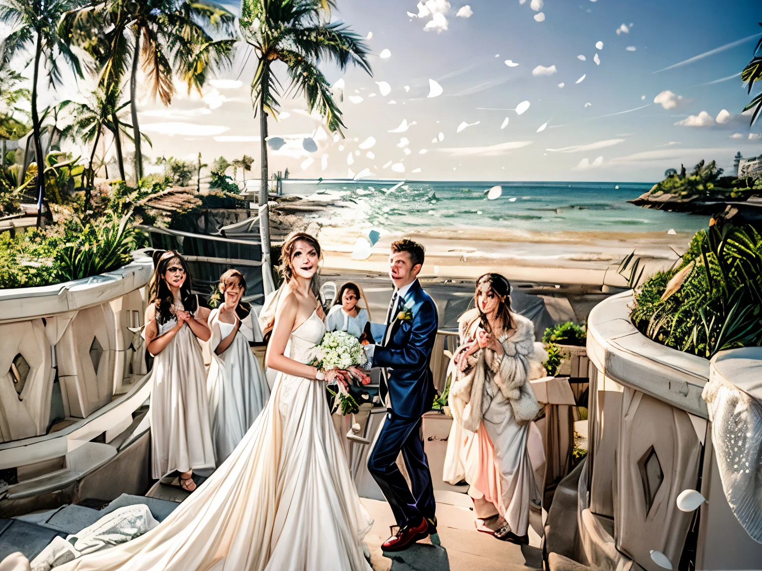 bride and bridegroom walking down stairs with guests at beach wedding style, luxurious wedding style, cute:2, wedding style photo, wedding style, Jen Gee, f / 1, advertisement, advertisement image, family, Lifestyle, fujifilm」, Spectacular!, background, bridegroom, professional wedding style photography, flowing white robe, White Sweep Arch, f / 2, f/2, high resolution scan