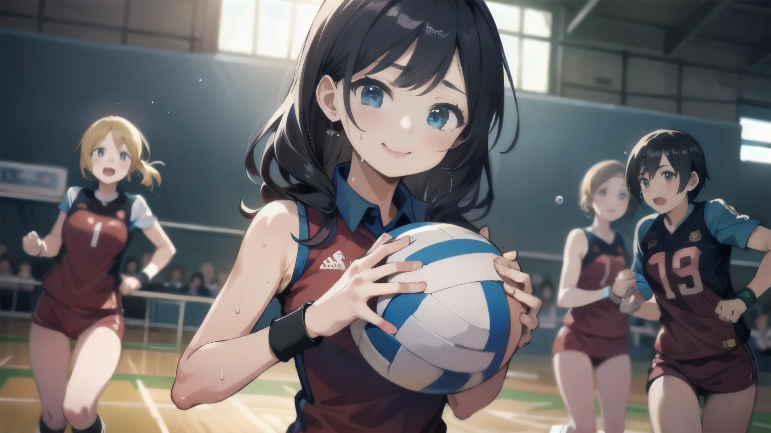 unity 8k wallpaper, anatomically correct, (((masterpiece))), (((best quality))), (((ultra detailed))), (((high-resolution))), ((super fine illustration)), ((Ultimate cutie)), ((detailed beautiful face)), perfect hands, perfect finger, (((good anatomy))), BREAK, multiple girls, lovingly gaze, harem, group picture, , (potbelly), (Curve), medium breasts, ((thick thighs)), Shiny hair, (((coquettish smile))), (((blush))), BREAK, Adidas, Sleeveless collared Volleyball Uniforms, ((wristbands)), BREAK, (Hold the beautiful spherical 6-inch volleyball), ((Sweat)), (perspired), (Heavy breathing), in gymnasium, in volleyball court, depth of field, strong light, cowboy shot,,