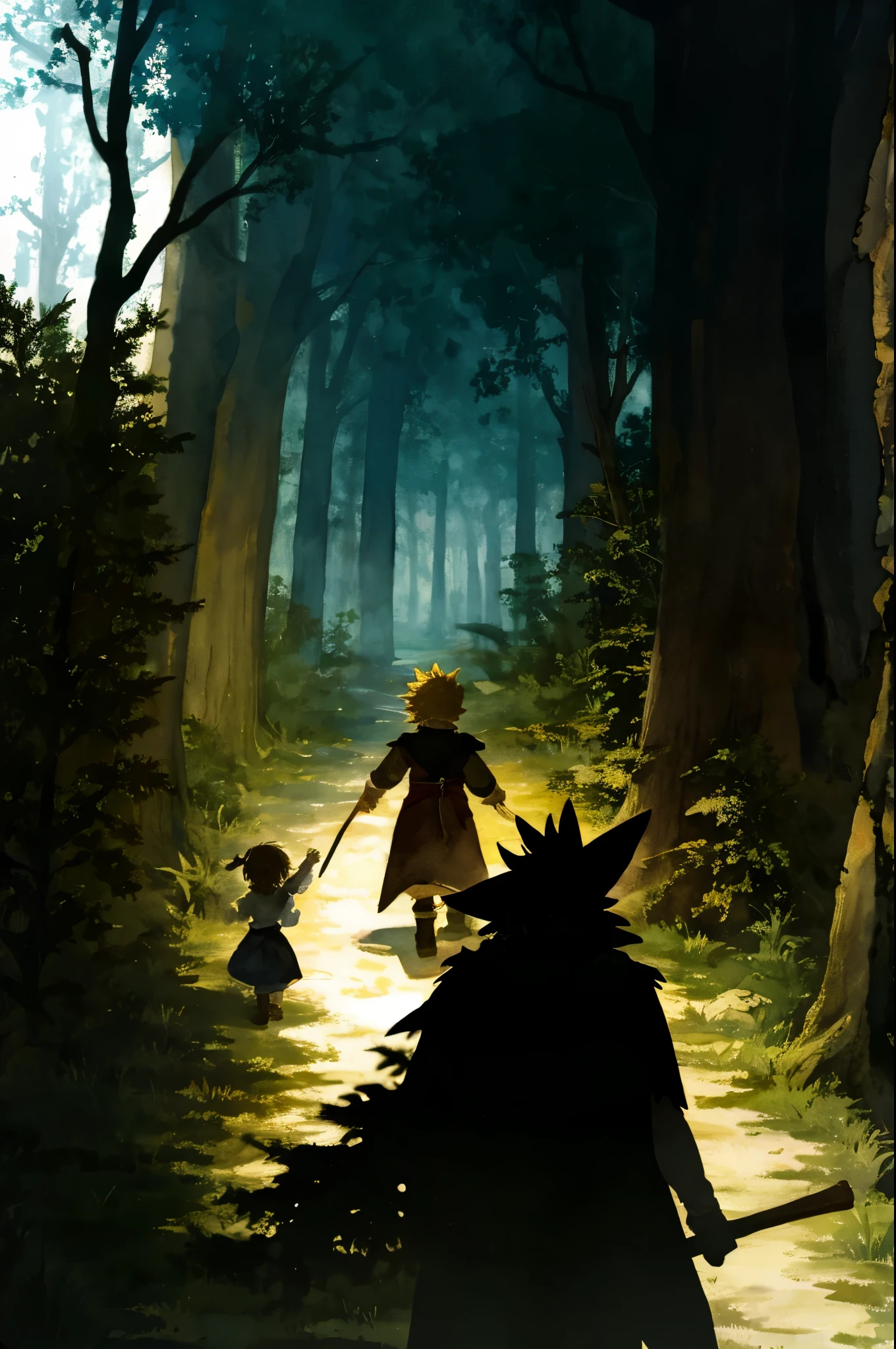 cover page, highres, paid reward available, unparalleled masterpiece, perfect anatomy, terrifying tale, Hansel and Gretel, watercolor elements that seem to shift through time, good lighting, volumetric lighting, cinematic shadow,