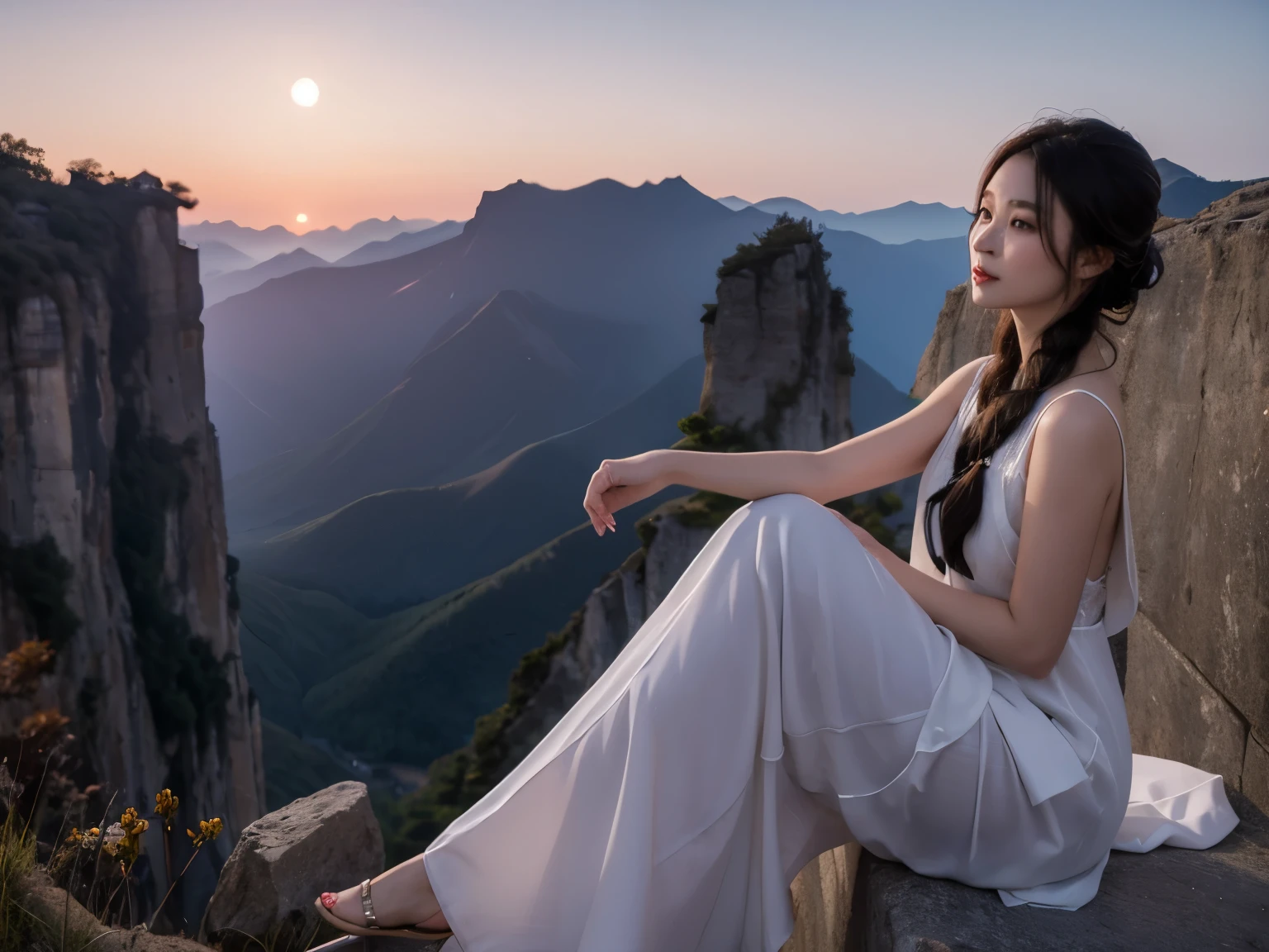 ancient chinese beauties，cliff edge，The moon hangs high in front，The surrounding mountains are straight and straight，moonlight afterglow，apparel：silk