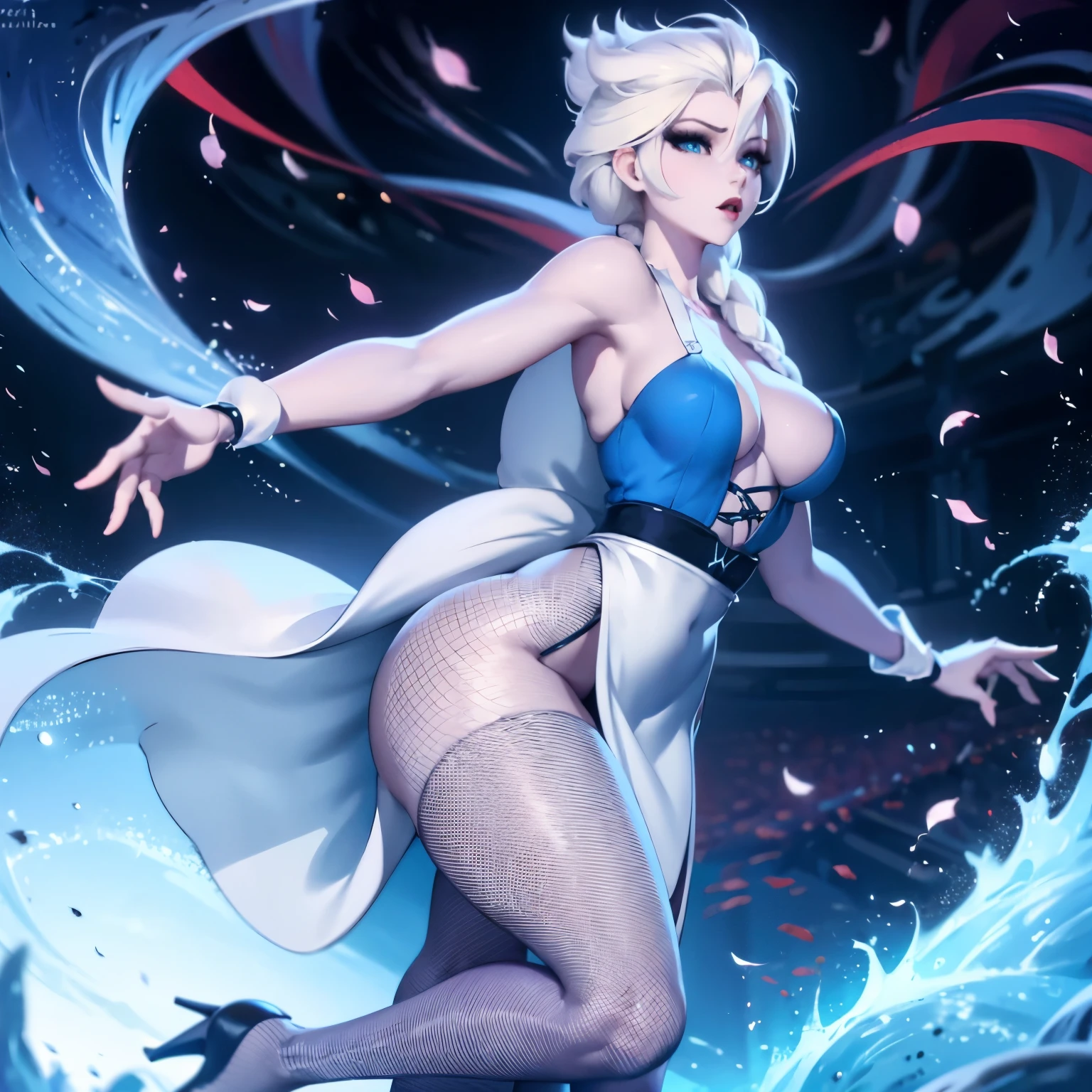 One girl, Elsa, long white hair, makeup, lipstick, thin body, big , soft blue cut dress, (high waist fishnet stockings), heels, standing, seductive pose