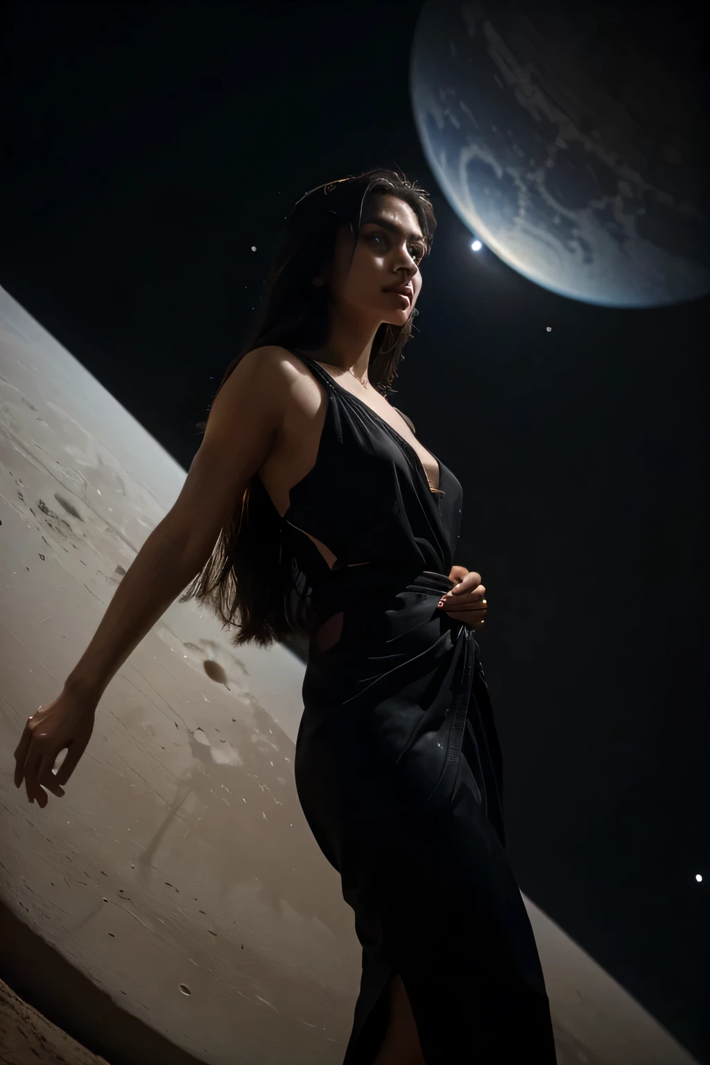 woman in a black dress exploring space, dressed in a sari, candid shot, wearing an elegant tribal outfit, close body shot, sari, wearing intricate, candid picture, close portrait, bottom angle, extremely intricate, full of details, desi,night sky