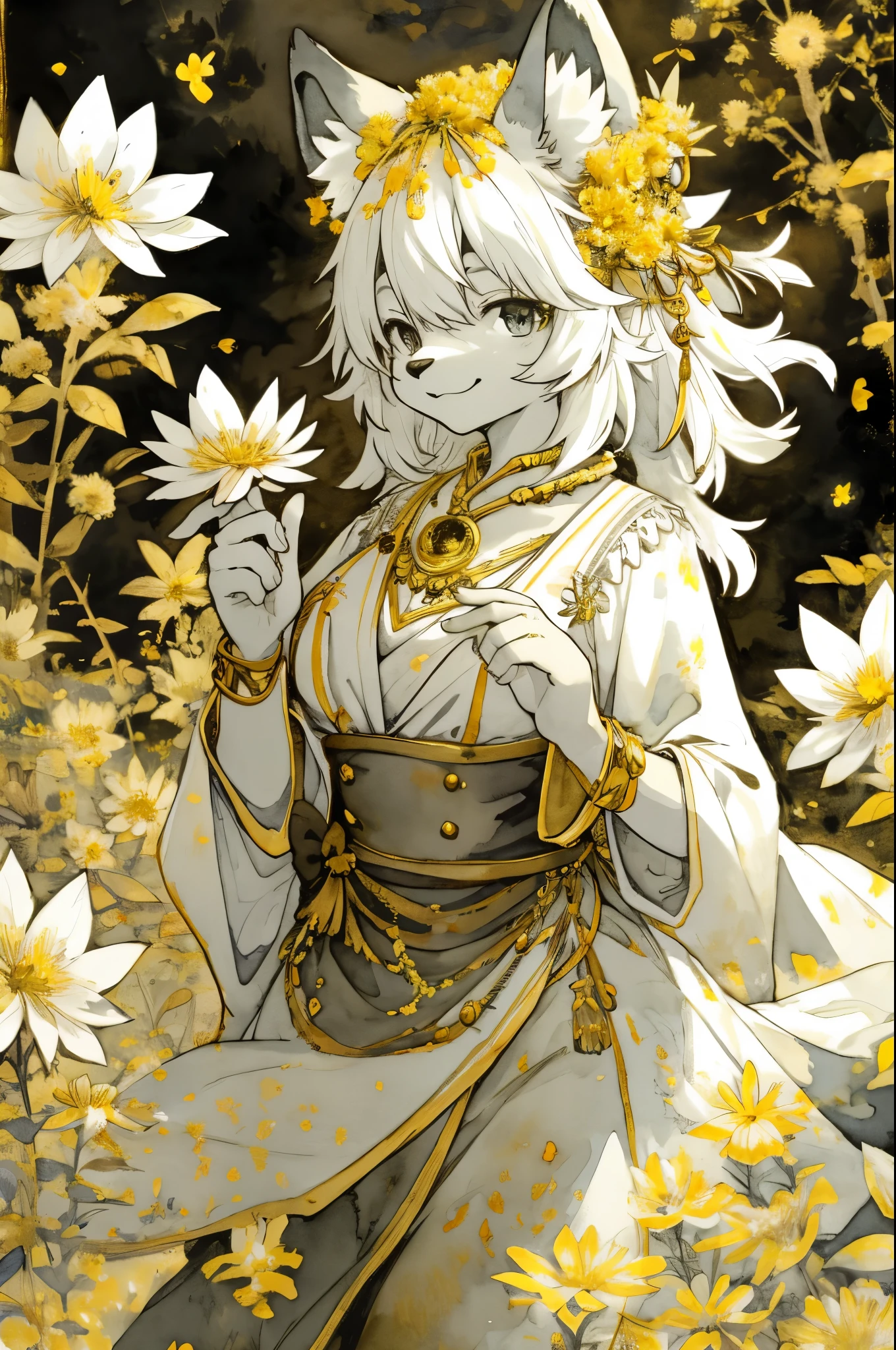 monochrome, watercolor, highres, top quality, best quality, paid reward available, High-quality illustrations, unparalleled masterpiece, perfect artwork, absurdres, 1girl, kemono, furry, detailed body fur, animal face, animal hand, Archaic Smile, holding a cluster of gold flower in both hands, which are positioned at chest level, She is wearing a simple ring on the ring finger of her left hand, unfocused spread of gold flower, fan-created work shared on platforms Pixiv or Twitter, Watercolor elements that seem to shift through time,