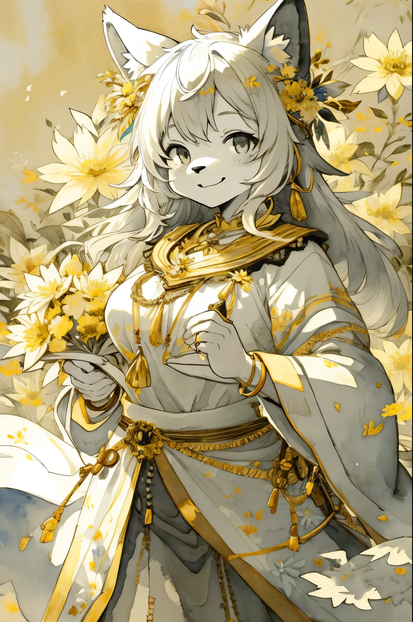 monochrome, watercolor, highres, top quality, best quality, paid reward available, High-quality illustrations, unparalleled masterpiece, perfect artwork, absurdres, 1girl, kemono, furry, detailed body fur, animal face, animal hand, Archaic Smile, holding a cluster of gold flower in both hands, which are positioned at chest level, She is wearing a simple ring on the ring finger of her left hand, unfocused spread of gold flower, fan-created work shared on platforms Pixiv or Twitter, Watercolor elements that seem to shift through time,