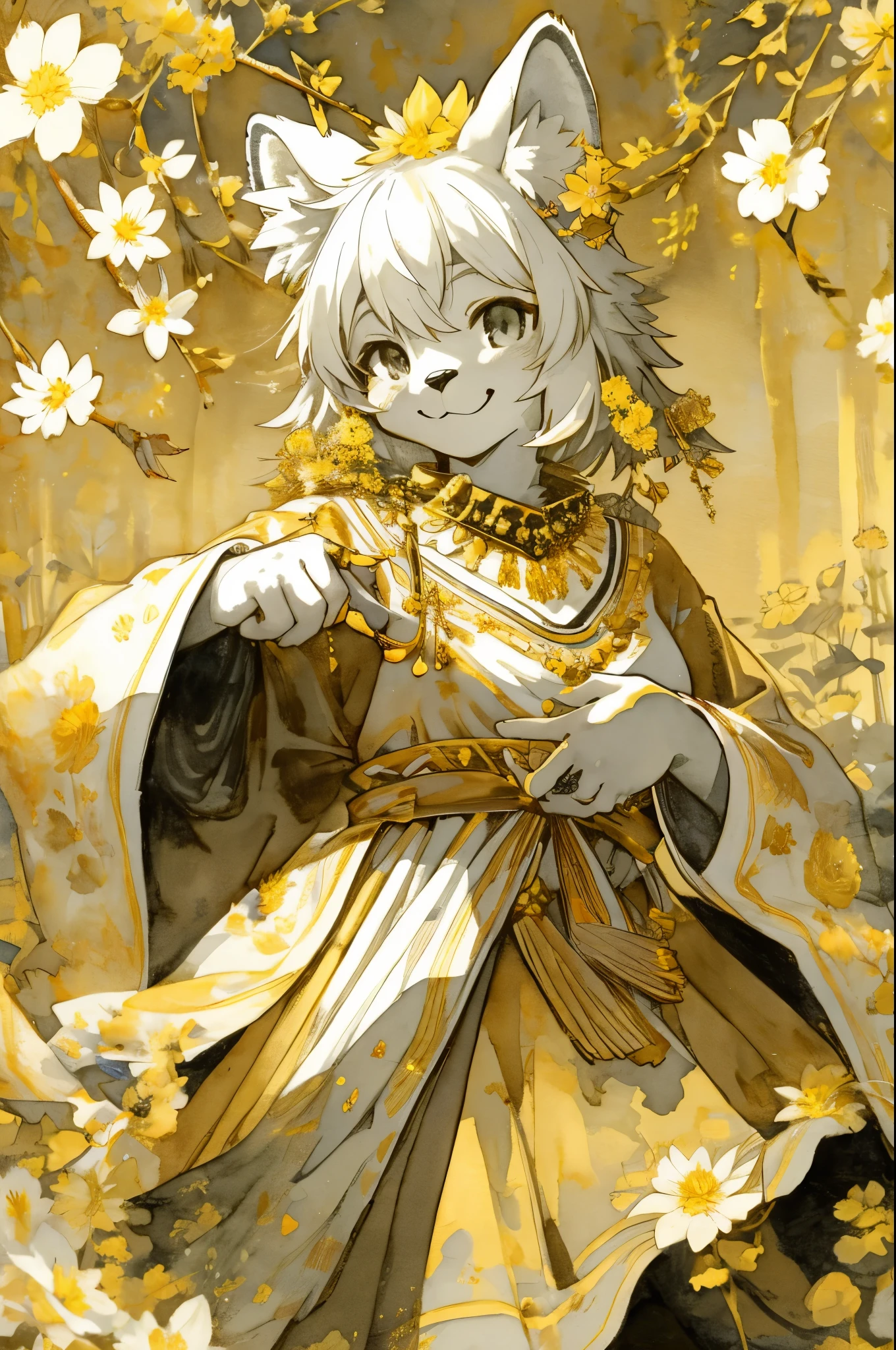 monochrome, watercolor, highres, top quality, best quality, paid reward available, High-quality illustrations, unparalleled masterpiece, perfect artwork, absurdres, 1girl, kemono, furry, detailed body fur, animal face, animal hand, Archaic Smile, holding a cluster of gold flower in both hands, which are positioned at chest level, She is wearing a simple ring on the ring finger of her left hand, unfocused spread of gold flower, fan-created work shared on platforms Pixiv or Twitter, Watercolor elements that seem to shift through time,