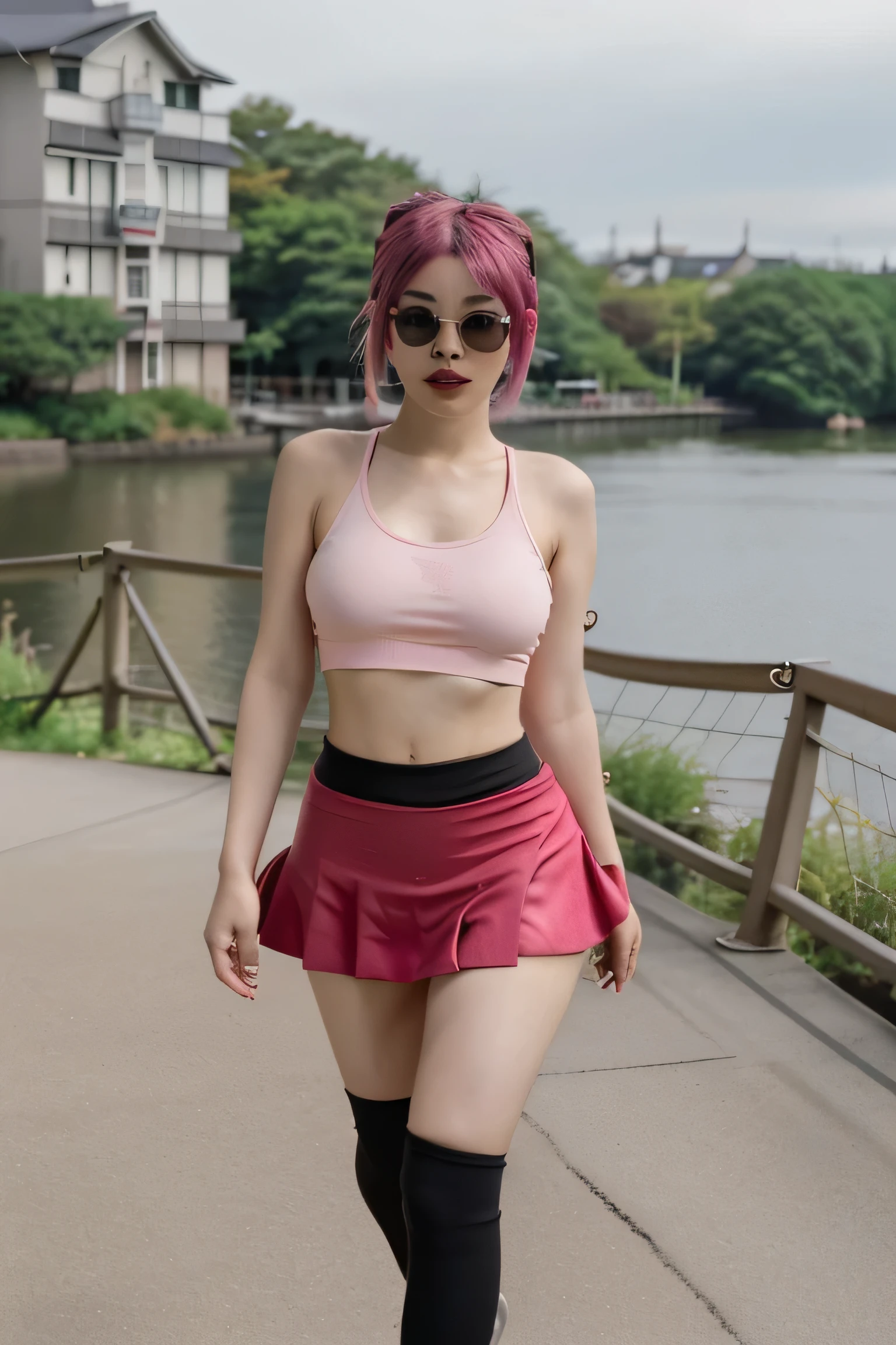 a 20 year Japanese girl, skin smooth as butter, face like a beautiful model , influencer, red lipstick, black sunglasses ,tank top and skirt with black leggings , pink hair, big breast , walking on a bridge,  black socks,  high resolution image:1.5,UHD