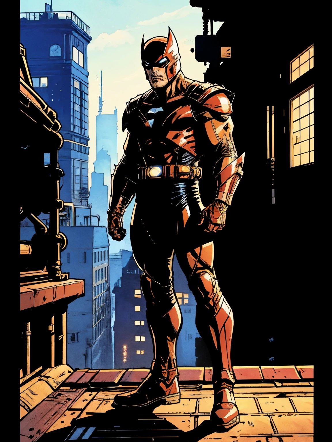 Super high-tech biotech combat suit., I&#39;m standing on the roof, Looking at the city, Japanese tokusatsu and American comics style, biometallic texture of the suit, smooth and shiny, dynamic, fast, natural light, cinematic, high quality, A high resolution, High detail, Exquisite Design, dramatic, A high resolution, ultra detailed, ultra fine painting, extremely delicate, creativity, natural light, cinematic lighting, best shadow, Masterpiece-anatomy-perfect