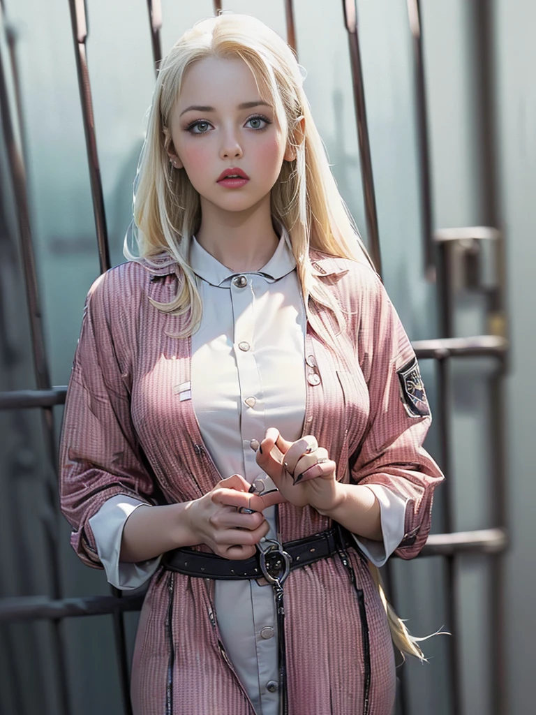 (best quality, 8k, highres, photorealistic:2.0), (solo, one girl:2.0),(lighting: front),(lighting: strong),(ultimate beautiful girl:2.0),(shiny skin),(oily skin),(platinum blonde hair:1.3),(straight long hair:2.0),Blush brown makeup , dark eye makeup , use pink glossy lipstick,(big beady eyes girl:1.5),(thin girl:1.5),( girl),(Photographed at a serious criminal prison:1.8),(Wearing prison uniform:1.8),(she is a prisoner:1.5),(criminal girl:1.5),(sex appeal:1.7),(Girl serving time for robbery and murder:1.7),(Girl in prison for murder:1.5),(Girl who is a long-term prisoner:1.5),(A girl who was the leader of a group of robbers),(The girl is a dishonest prisoner),(girl who committed a serious crime),(sweet smelling girl)