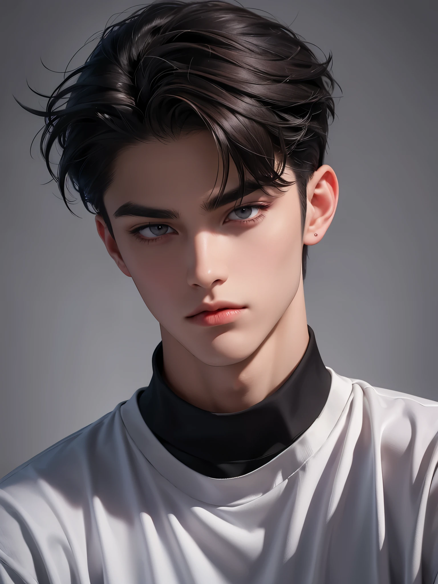 Dark Grey eyes, Double eyelid eyes, Sharp eyes Short hair, dark brown hair, Straight hair,hair with bangs, white red skin tone, using casual blackclothes, normal face,dark theme, Sharp jawline, European, manly face