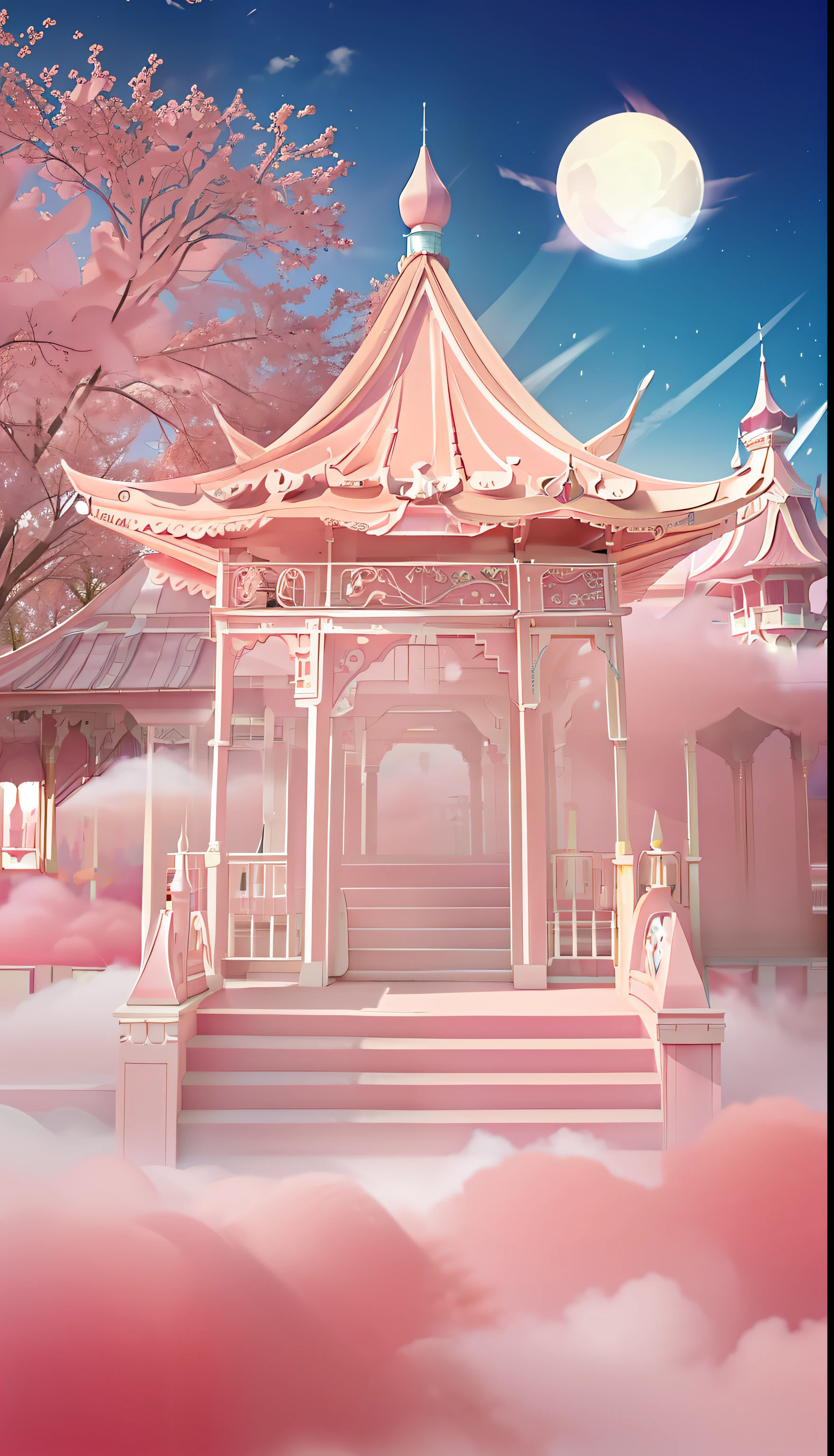 In the middle of the park, full of pink clouds, there is a pink pavilion., lie on white clouds, fairyland, Sky pink, in the fairyland of white clouds, Pink Zen Style, Облачный palace, palace, soaring in the sky, dreamy atmosphere and drama, в белых облаках fairyland, Pink fog background, Fantasy aesthetics!, Dreamy aesthetics, Flying cloud castle, very magical and dreamy