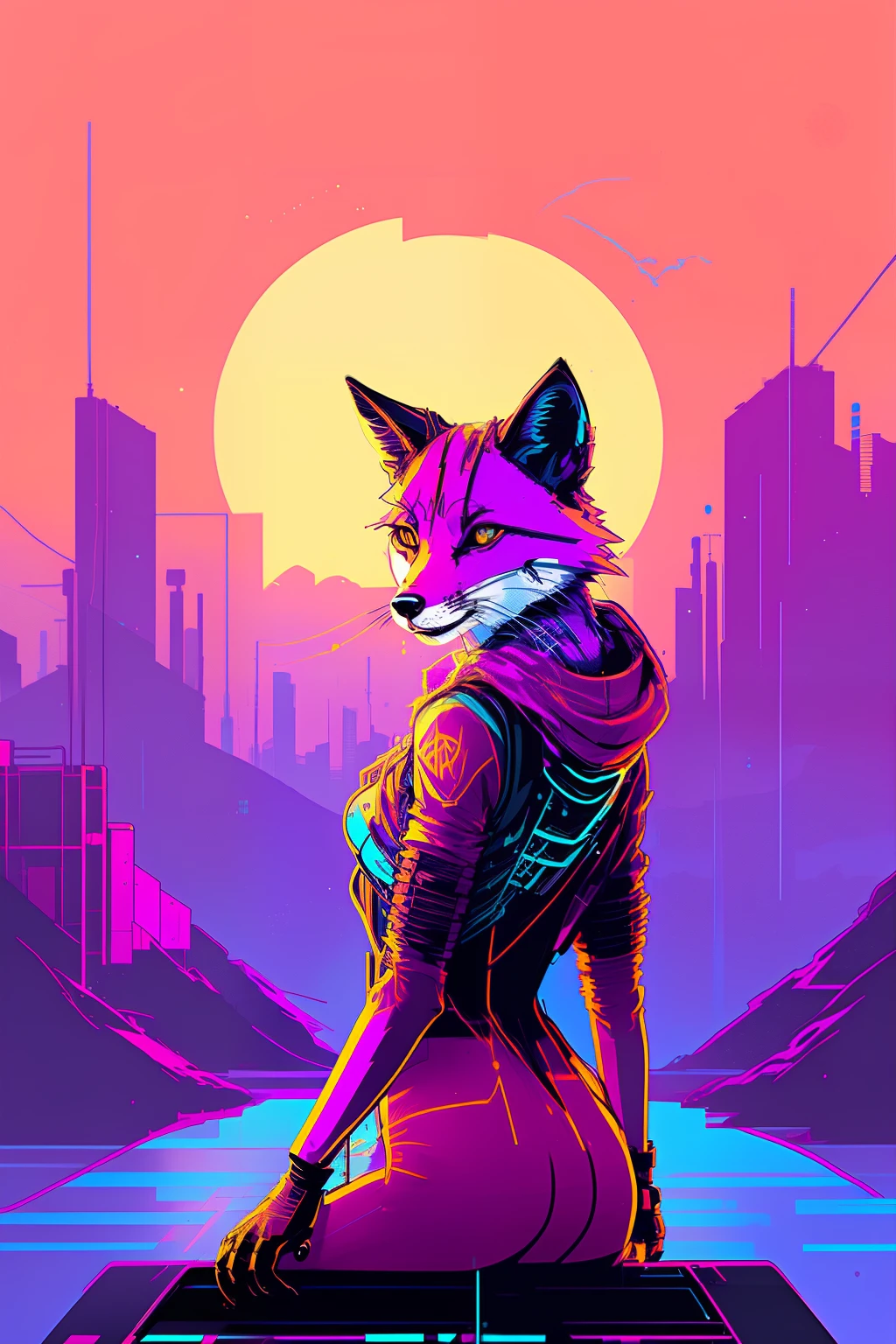 (nvinkpunk:1.2) (snthwve style:0.8) fox, anthro, lightwave, sunset, intricate, highly detailed, female