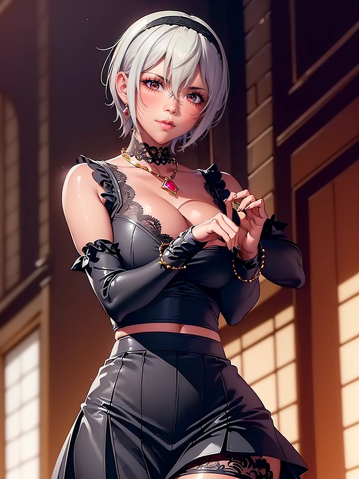 ((1girl, solo ,alone, (2B, 1girl, solo, short hair,((serious expression, austere)), long sleeves, medium breasts, standing, white hair, hairband, short hair, mole, blindfold, covered eyes, black blindfold, masterpiece))), 1girl, milf, standing, sexy, standing)), (ShioriNishimura, dark skin, dark-skinned female, solo, mature female, milf, kawai, blush, pink lipstck, close moth, smile,
(brown hair, short hair, makeup, (brown eyes))), ((solo, (1woman, pink lipstick), Extremely detailed, ambient soft lighting, 4k, perfect eyes, a perfect face, perfect lighting, a 1girl)), austere, ((((Beautiful girl, demon girl, urban environment)), ((cropped top with black lace)), (wrinkled skirt), Garter belt and black lace stockings, high quality, highly detailed, Full body, from head to toe, clean detailed faces, (((perfect anatomical hands and fingers))), Complex clothing, high heel shoes, tie up hair, cute face, slim waist, beautiful hips, (Shaped legs), (school anime style xdx), tall relief)), bracelets, ruby earrings, gold necklace