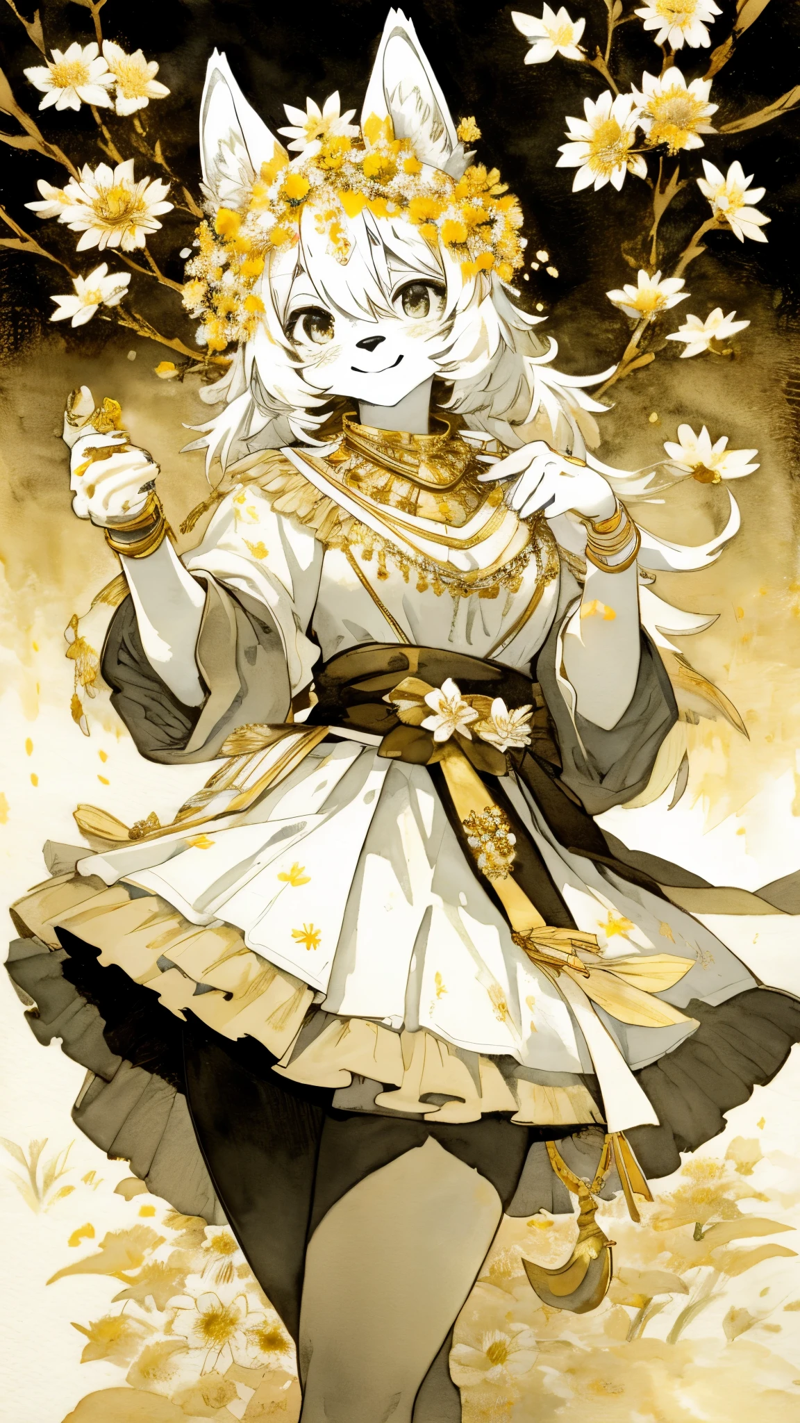 monochrome, watercolor, highres, top quality, best quality, paid reward available, High-quality illustrations, unparalleled masterpiece, perfect artwork, absurdres, 1girl, kemono, furry, detailed body fur, animal face, animal hand, Archaic Smile, holding a cluster of gold flower in both hands, which are positioned at chest level, She is wearing a simple ring on the ring finger of her left hand, unfocused spread of gold flower, fan-created work shared on platforms Pixiv or Twitter, Watercolor elements that seem to shift through time,