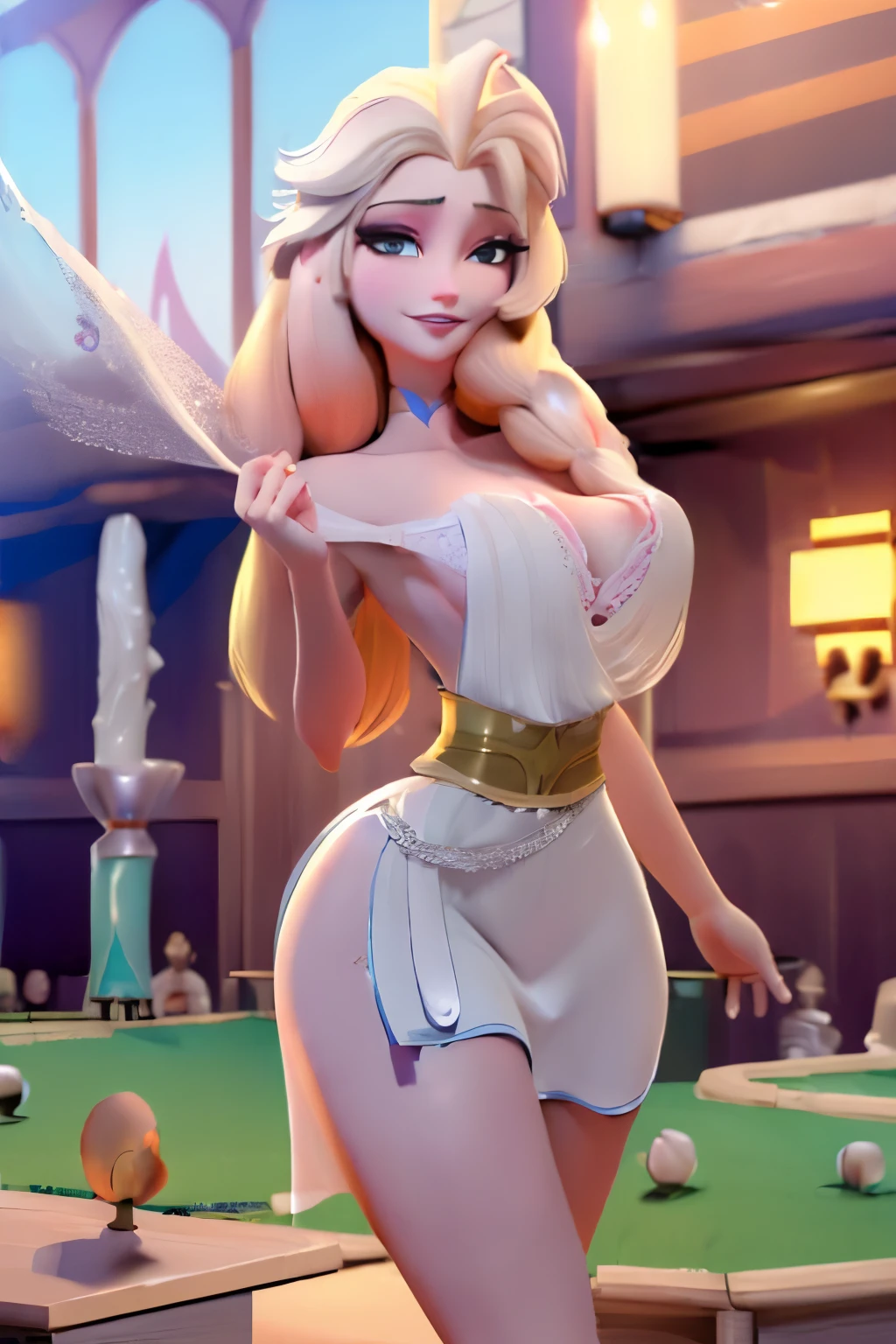 (masterpiece:1.4), (best quality:1.4), (high resolution:1.4), elsa of arendelle, large breasts, cleavage, lacey curtain top, no bottom, skin underneath , long hair, nude, no skirt, bare, golden belt, royal ballroom, crowd, smile,