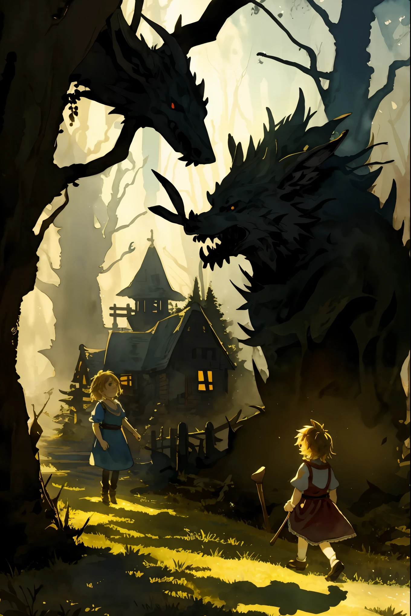 cover page, watercolor, highres, paid reward available, unparalleled masterpiece, perfect anatomy, terrifying tale, Hansel and Gretel, good lighting, volumetric lighting, cinematic shadow,