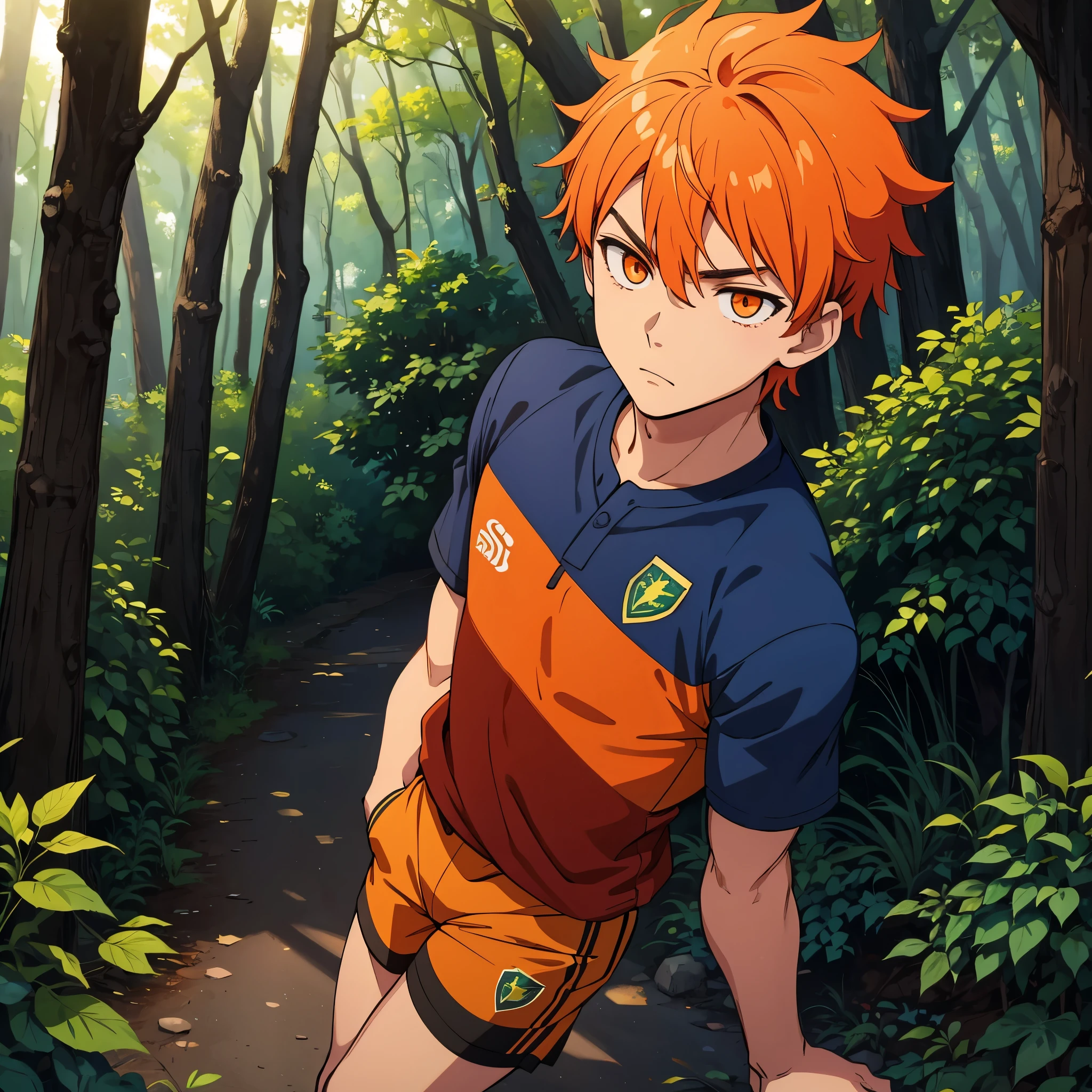 1boy, masculino, soccer uniform , orange eyes , inside the forest, wild, forest