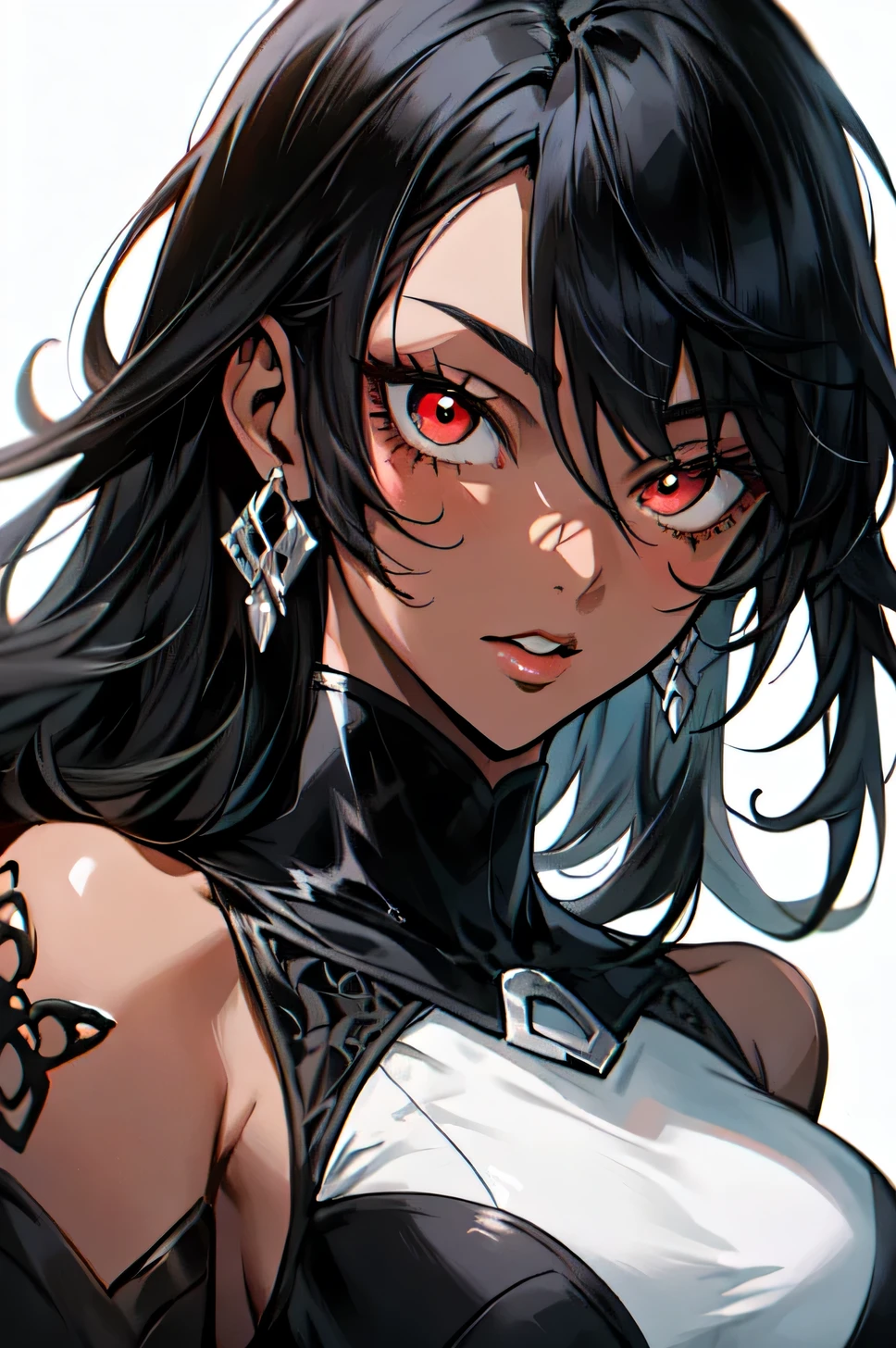 Anime Style Portrait of a sexy, dark-skin girl, with long Jet-black Hair, red eyes, dark-skinned, perfect composition, hyper-detailed, 8K, high quality, perfect eyes, trending art, trending on artstation, sharp focus, studio photo, intricate details, by Tite Kubo