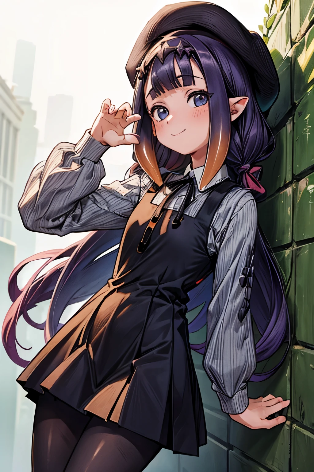((Ninomae Ina'niasterpiece)), ((Masterpiece)), (Anime:1.3), ((best quality)), (RAW photo: 1.2), (High Definition:1.3), (Professional Photography:1.2), 1 girl, (Beautiful eyes), Bright smile, (claw pose), (Flat chest), Colorful hair, Big eyes, (inapainter), (pinafore dress), beret, (pantyhose), BREAK, ((Masterpiece)), ((best quality)), (against the block wall:1.3),