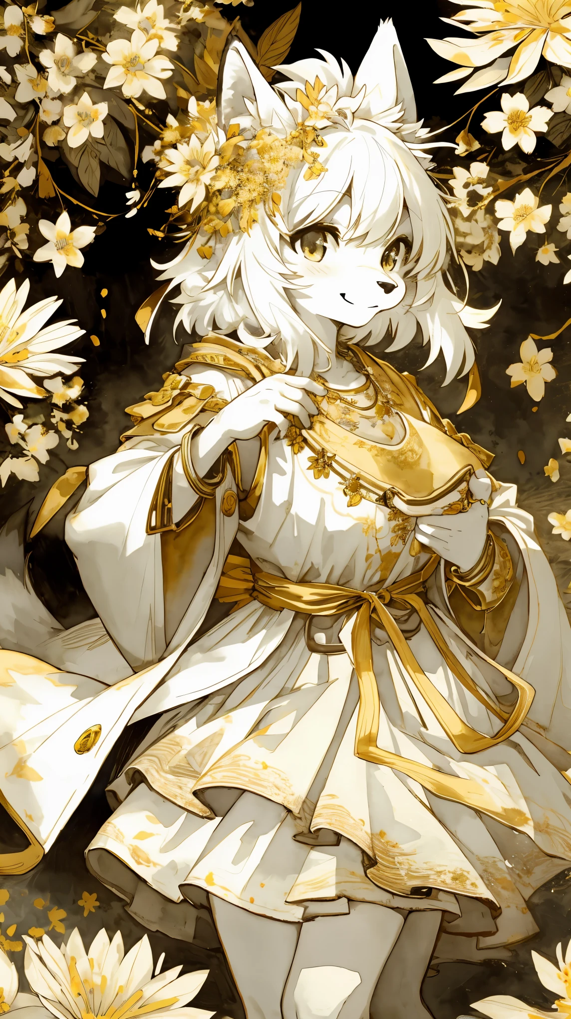 monochrome, watercolor, highres, top quality, best quality, paid reward available, High-quality illustrations, unparalleled masterpiece, perfect artwork, absurdres, 1girl, kemono, furry, detailed body fur, animal face, animal hand, Archaic Smile, holding a cluster of gold flower in both hands, which are positioned at chest level, She is wearing a simple ring on the ring finger of her left hand, unfocused spread of gold flower, fan-created work shared on platforms Pixiv or Twitter, Watercolor elements that seem to shift through time,
