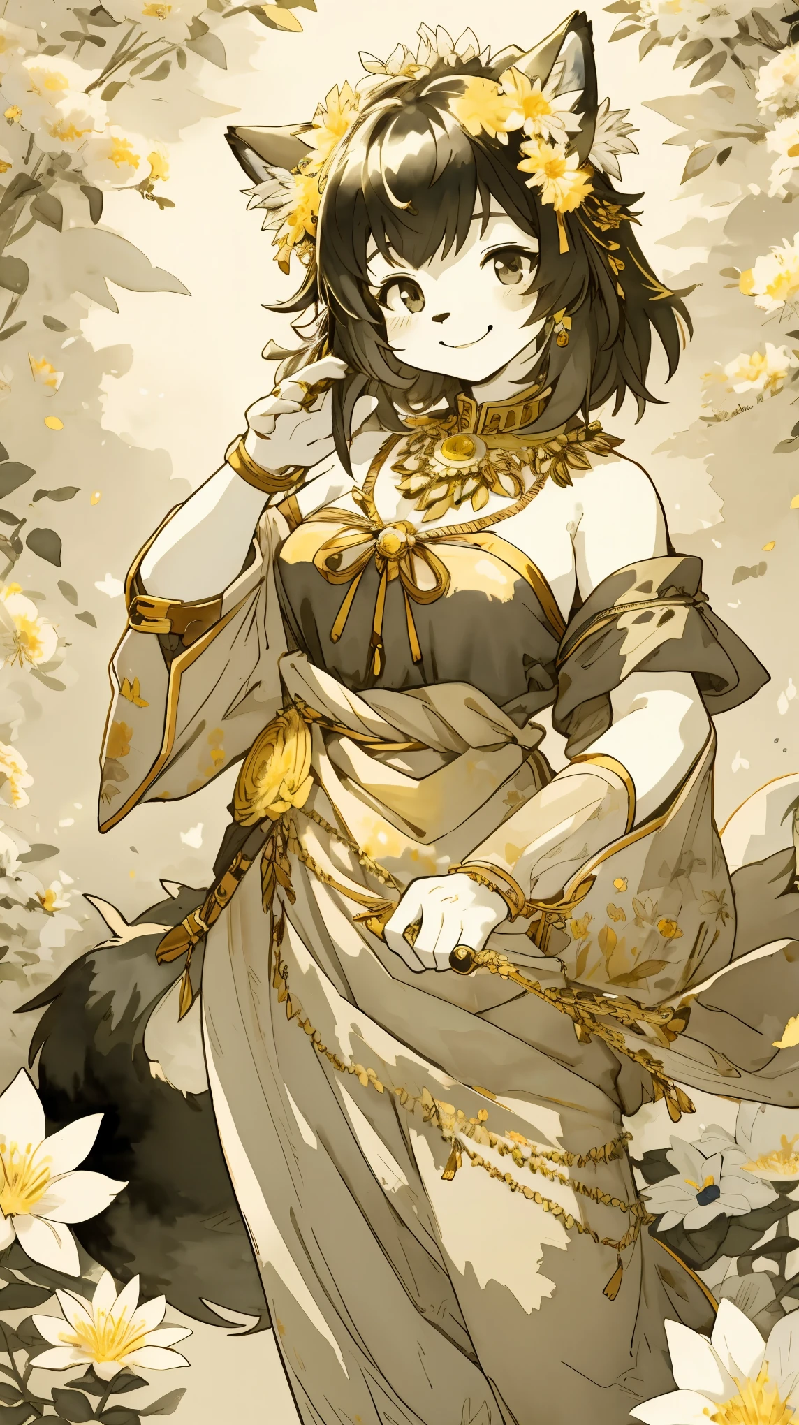watercolor, high resolution, Top quality, best quality, Paid rewards available, High quality illustrations, An unrivalled masterpiece, Perfect work of art, absurd, 1 Girl, Beast field, hairy, Delicate body hair, Animal Face, Animal hands, Ancient smile, Hands holding a bunch of orange roses, At chest height, She wears a simple ring on her left ring finger, Orange roses spread aimlessly, Fan creations shared on Pixiv or other platforms ,Extra large breasts,
