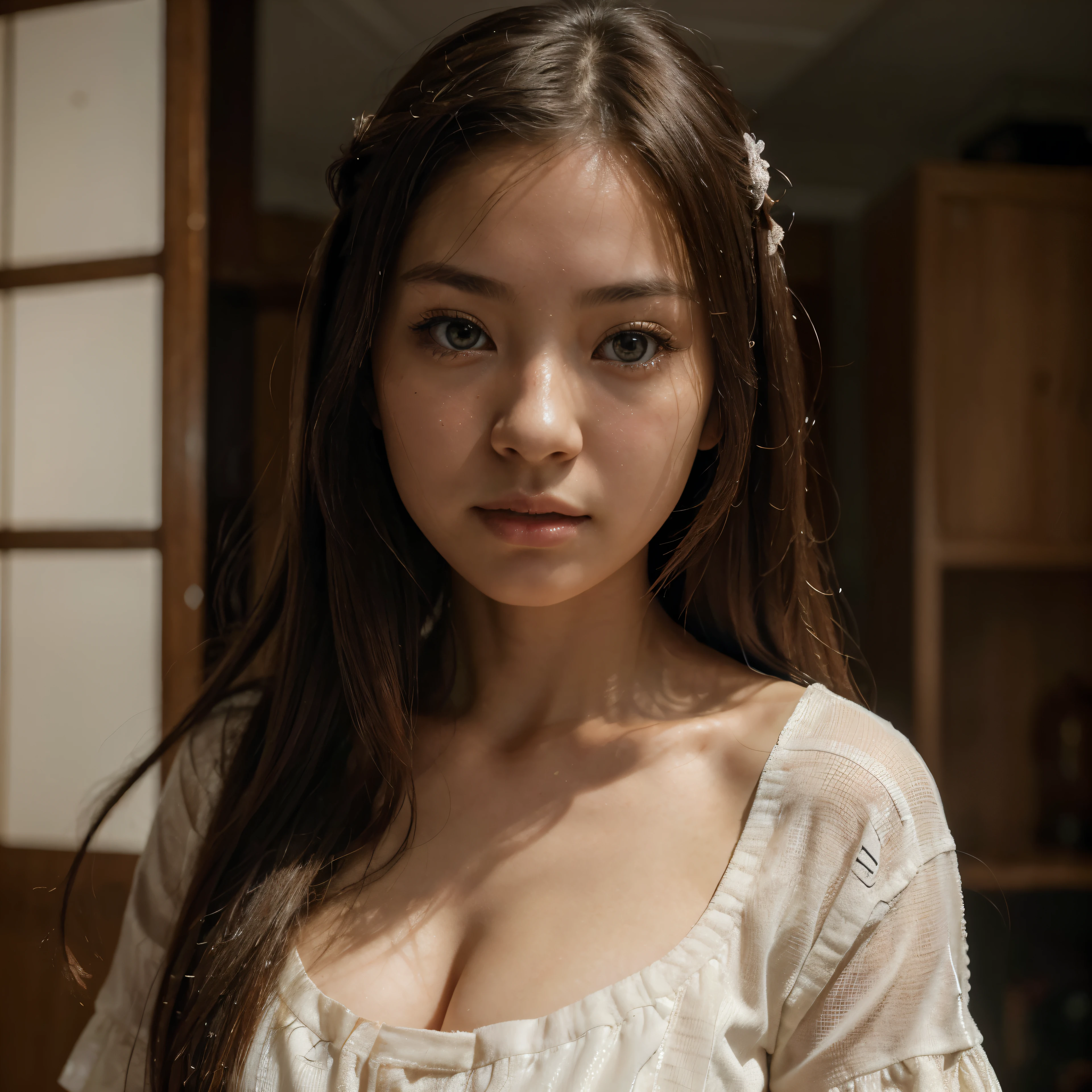 best quality, face focus, soft light, ultra high res, (photorealistic:1.4), RAW photo,
1japanese girl, solo, cute, (pupil, lights in the eyes),  detailed beautiful face, (),(high resolution detail of human skin texture),
(long hair),
indoor,
Damask Shirt Dress,
(portrait)