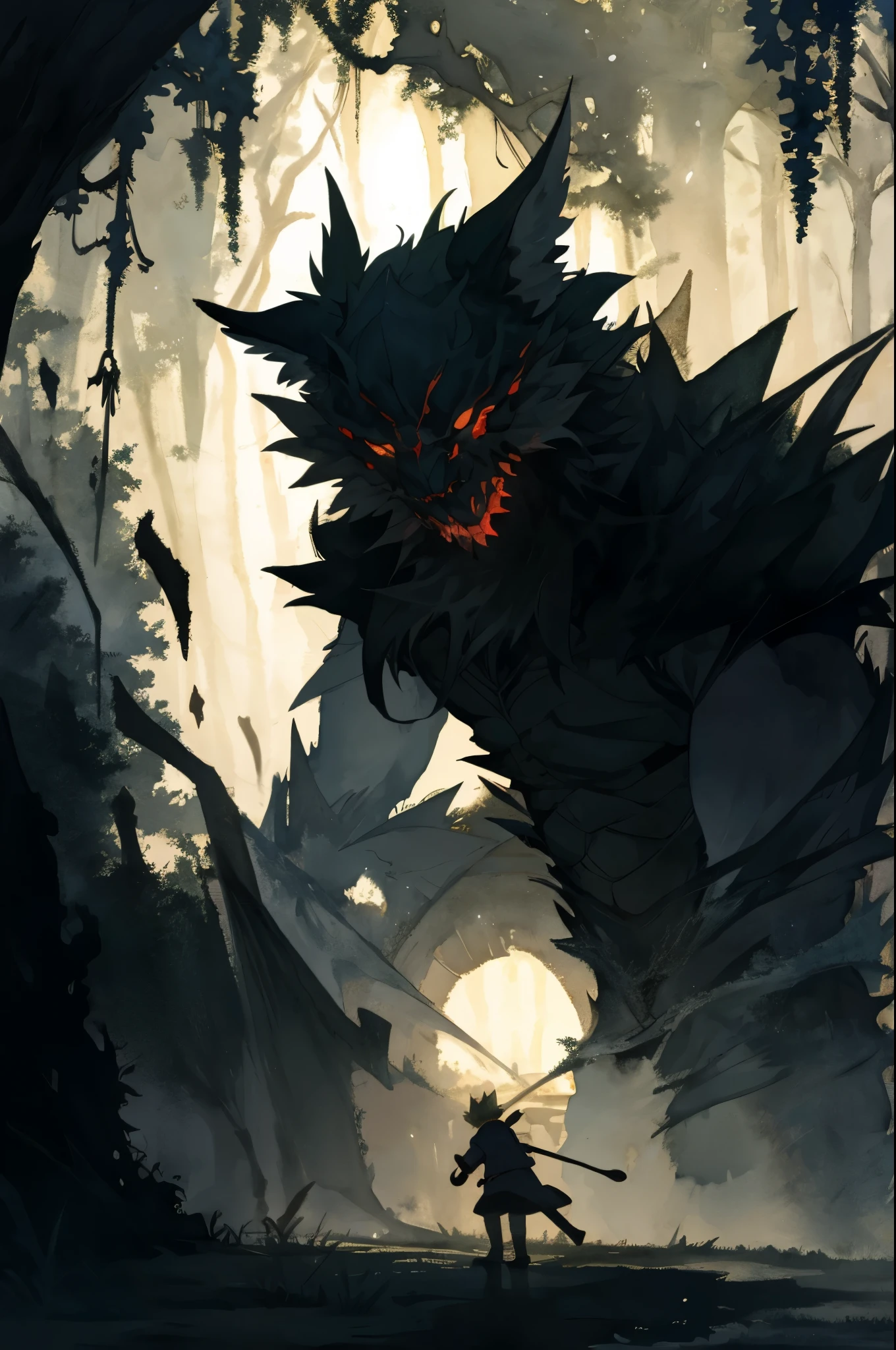 cover page, watercolor, highres, paid reward available, unparalleled masterpiece, perfect anatomy, terrifying tale, Hansel and Gretel, good lighting, volumetric lighting, cinematic shadow,