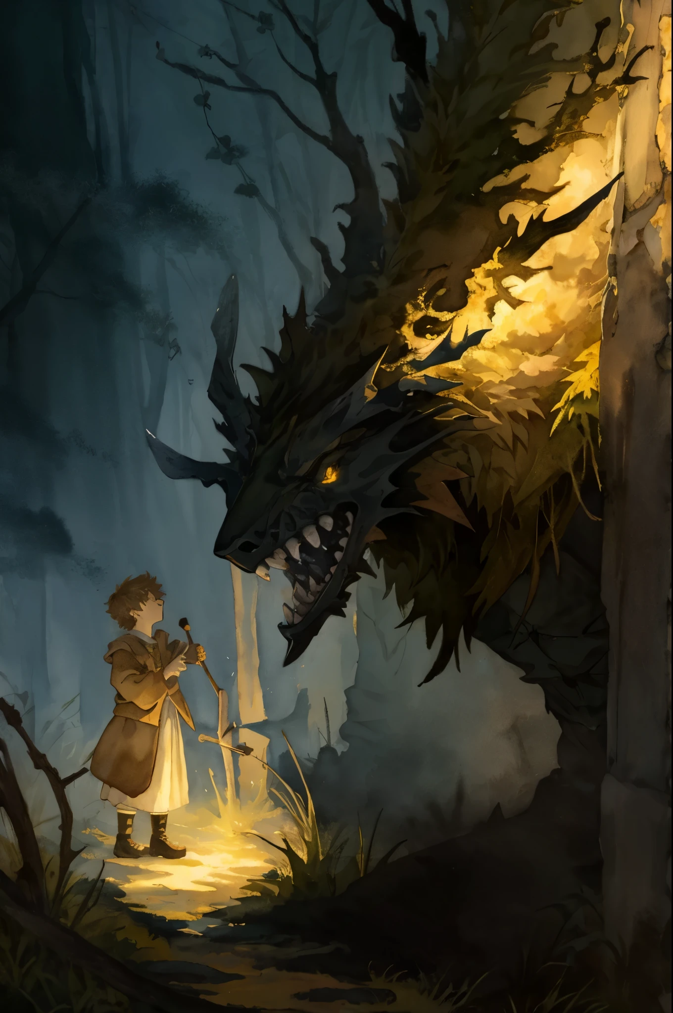 cover page, watercolor, highres, paid reward available, unparalleled masterpiece, perfect anatomy, terrifying tale, Hansel and Gretel, good lighting, volumetric lighting, cinematic shadow,