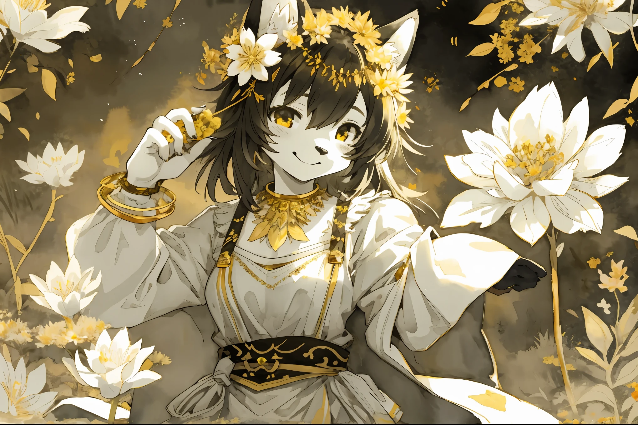 monochrome, watercolor, highres, top quality, best quality, paid reward available, High-quality illustrations, unparalleled masterpiece, perfect artwork, absurdres, 1girl, kemono, furry, detailed body fur, animal face, animal hand, Archaic Smile, holding a cluster of gold flower in both hands, which are positioned at chest level, She is wearing a simple ring on the ring finger of her left hand, unfocused spread of gold flower, fan-created work shared on platforms Pixiv or Twitter, Watercolor elements that seem to shift through time,