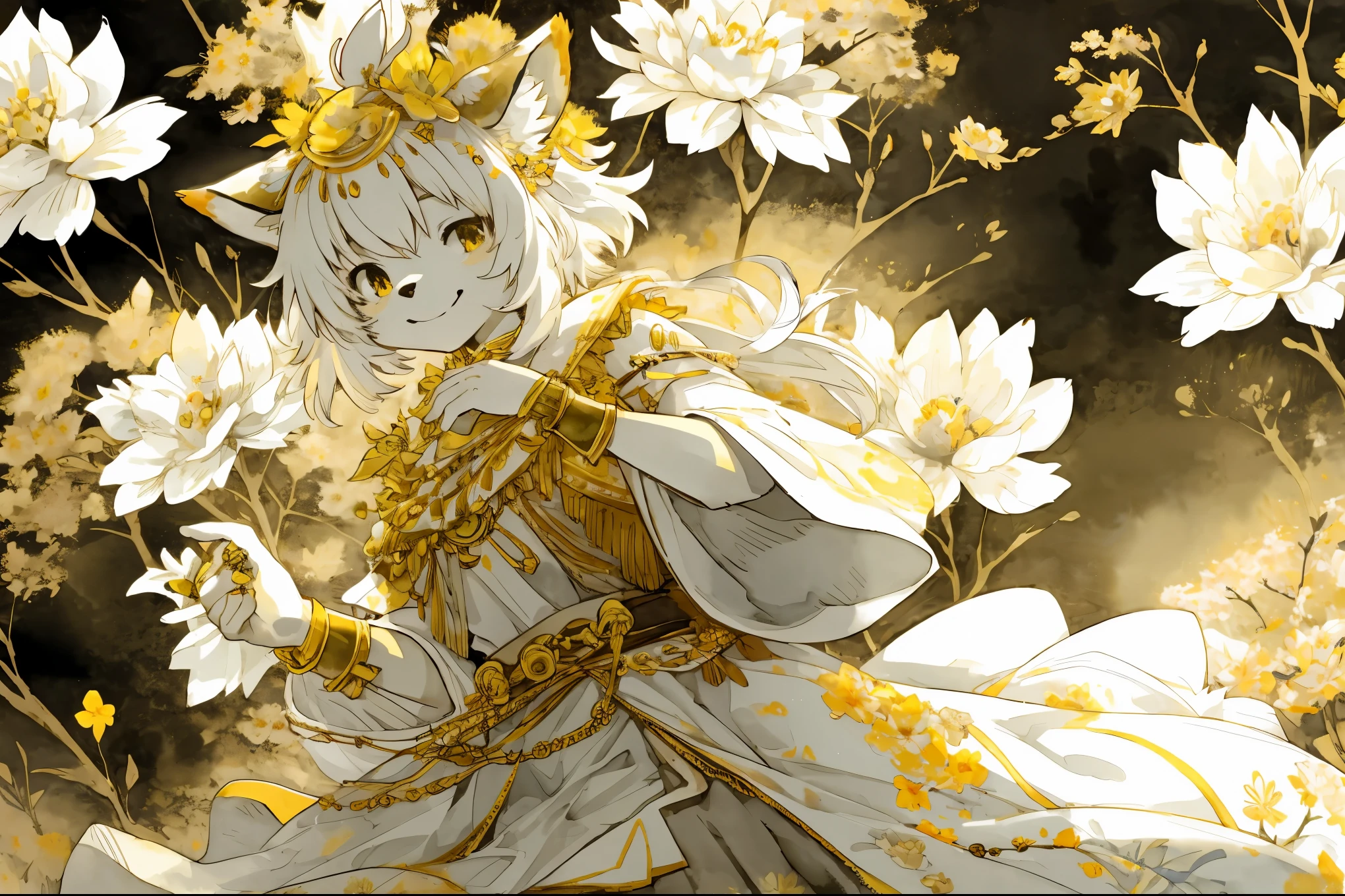monochrome, watercolor, highres, top quality, best quality, paid reward available, High-quality illustrations, unparalleled masterpiece, perfect artwork, absurdres, 1girl, kemono, furry, detailed body fur, animal face, animal hand, Archaic Smile, holding a cluster of gold flower in both hands, which are positioned at chest level, She is wearing a simple ring on the ring finger of her left hand, unfocused spread of gold flower, fan-created work shared on platforms Pixiv or Twitter, Watercolor elements that seem to shift through time,
