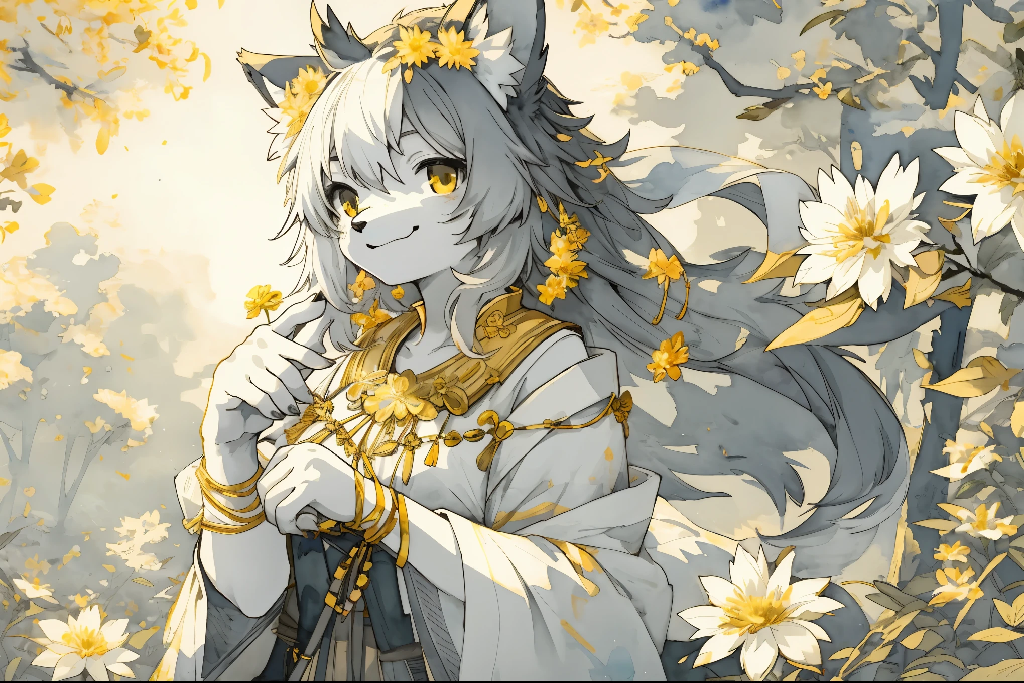 monochrome, watercolor, highres, top quality, best quality, paid reward available, High-quality illustrations, unparalleled masterpiece, perfect artwork, absurdres, 1girl, kemono, furry, detailed body fur, animal face, animal hand, Archaic Smile, holding a cluster of gold flower in both hands, which are positioned at chest level, She is wearing a simple ring on the ring finger of her left hand, unfocused spread of gold flower, fan-created work shared on platforms Pixiv or Twitter, Watercolor elements that seem to shift through time,