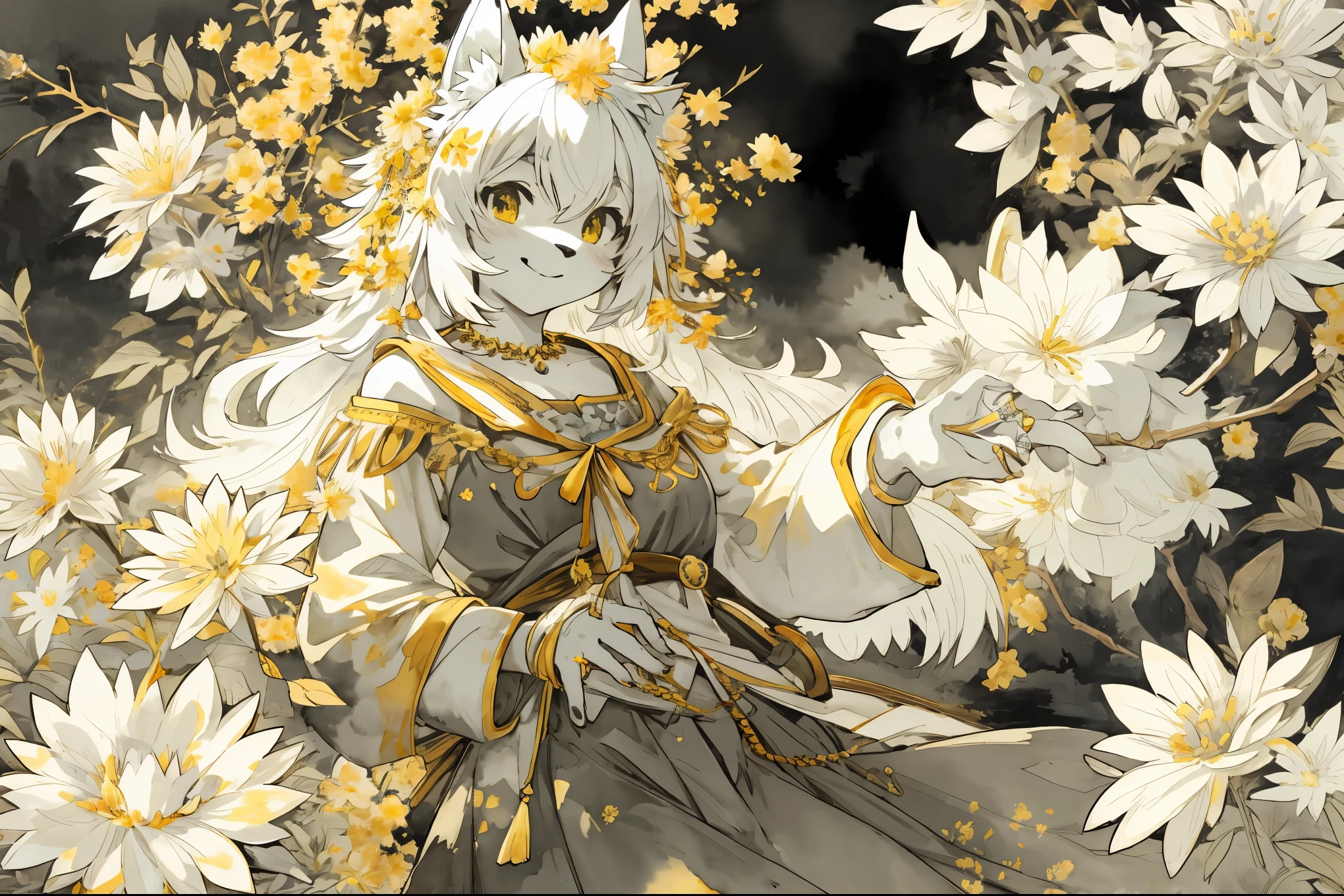 monochrome, watercolor, highres, top quality, best quality, paid reward available, High-quality illustrations, unparalleled masterpiece, perfect artwork, absurdres, 1girl, kemono, furry, detailed body fur, animal face, animal hand, Archaic Smile, holding a cluster of gold flower in both hands, which are positioned at chest level, She is wearing a simple ring on the ring finger of her left hand, unfocused spread of gold flower, fan-created work shared on platforms Pixiv or Twitter, Watercolor elements that seem to shift through time,