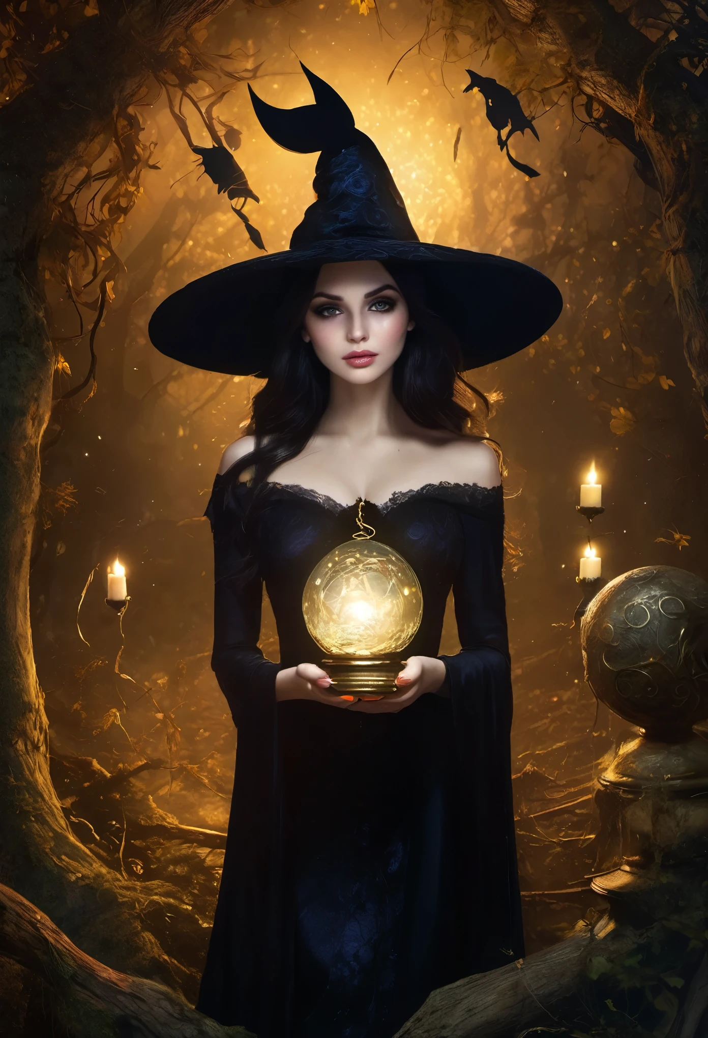 (best quality:1.2, realistic:1.37), dark fantasy, witchy atmosphere, nine-breasted witch, spellbinding eyes, flowing black hair, enchanted forest, crescent moon, moonlit sky, ominous shadows, magical potions, crystal ball, mystical symbols, witchcraft rituals, golden cauldron, flickering candlelight, ancient spellbook, hauntingly beautiful, ethereal glow, nightmarish creatures, whispering winds, occult magic, witches' coven, dark magic unleashed, spellbinding hexes, enchanted spells, otherworldly power, cloaked in mystery, forbidden knowledge, malevolent intentions