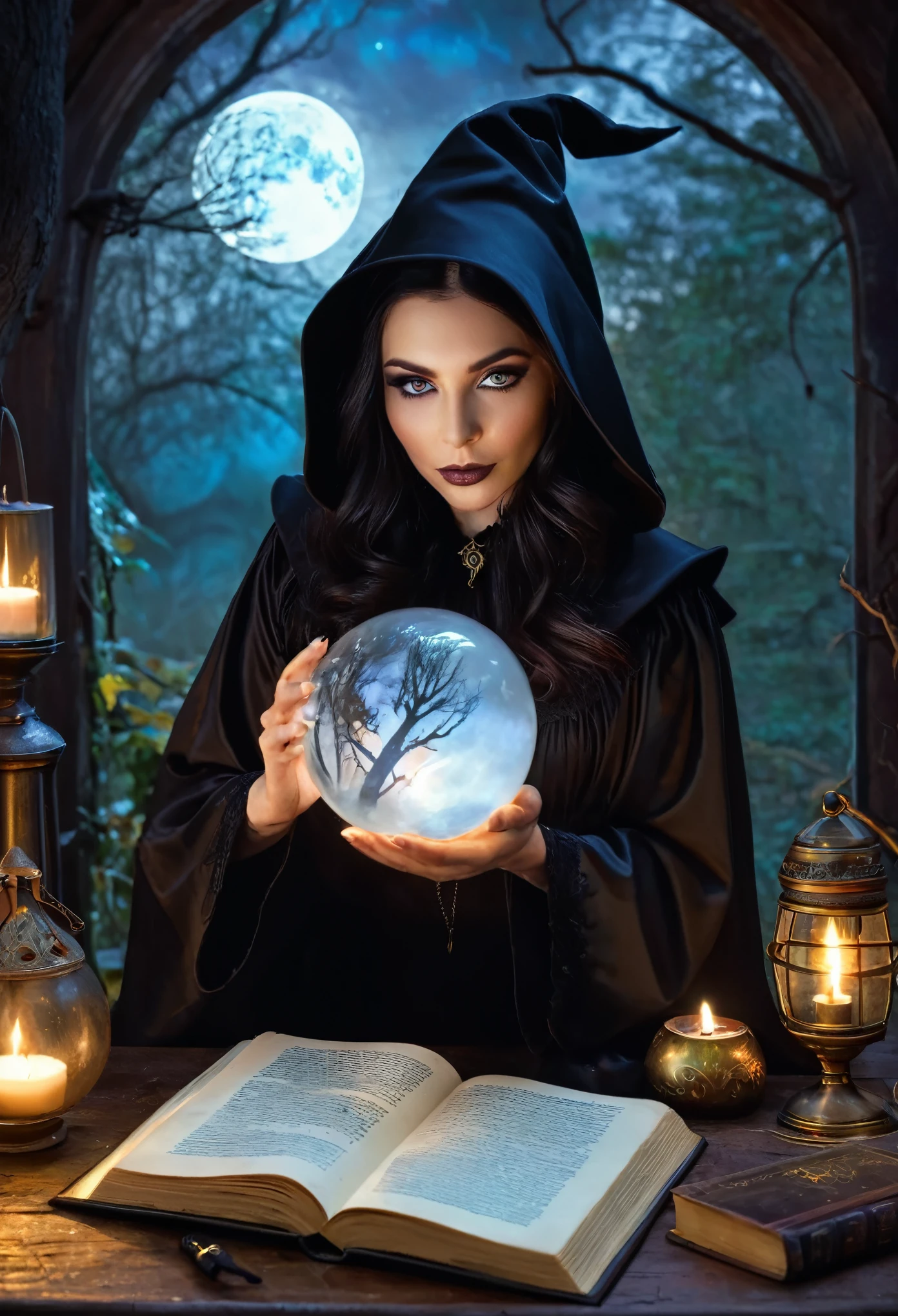 (best quality:1.2, realistic:1.37), dark fantasy, witchy atmosphere, nine-breasted witch, spellbinding eyes, flowing black hair, enchanted forest, crescent moon, moonlit sky, ominous shadows, magical potions, crystal ball, mystical symbols, witchcraft rituals, golden cauldron, flickering candlelight, ancient spellbook, hauntingly beautiful, ethereal glow, nightmarish creatures, whispering winds, occult magic, witches' coven, dark magic unleashed, spellbinding hexes, enchanted spells, otherworldly power, cloaked in mystery, forbidden knowledge, malevolent intentions