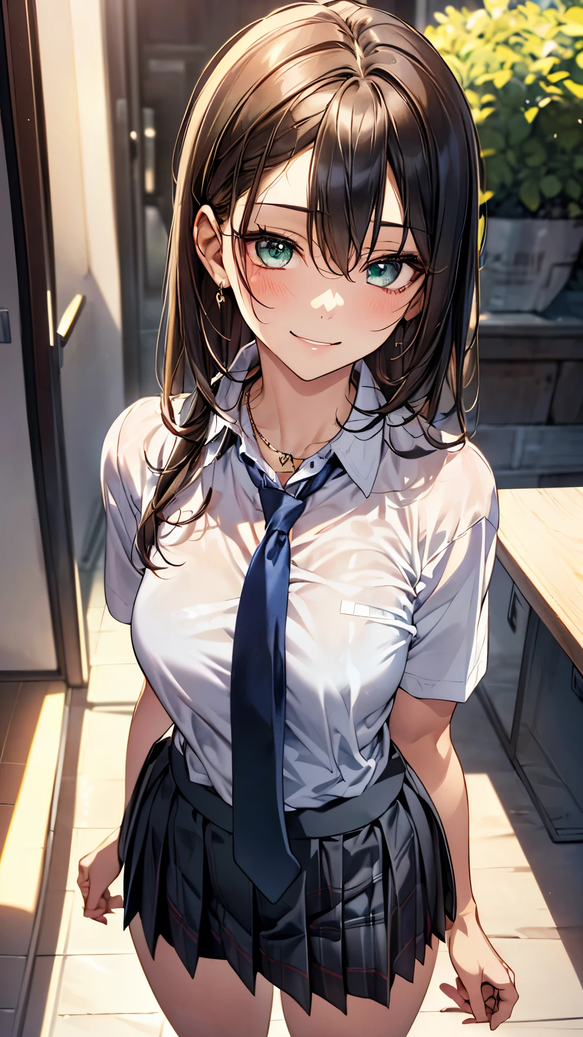 (masterpiece:1.3, top-quality), ultra high res, ultra detailed, (realistic, photorealistic:1.4), beautiful illustration, perfect lighting, colorful, depth of fields, 
looking at viewer, full body, 1 girl, japanese, high school girl, perfect face, (perfect anatomy, anatomically correct), cute and symmetrical face, babyface, suntan, shiny skin, 
(middle hair:0.8, straight hair:1.4, blond hair), hair between eyes, emerald green eyes, long eye lasher, (medium breasts), slender, 
beautiful hair, beautiful face, beautiful detailed eyes, beautiful clavicle, beautiful body, beautiful chest, beautiful thigh, beautiful legs, beautiful fingers, 
((collared short sleeve shirt, light blue shirt, school uniform, grey plaid pleated skirt, navy tie), golden heart necklace, wrist chakra), light blue panties, 
(beautiful scenery), school, (liftting skirt, standing, open legs), (lovely smile, in heat), 