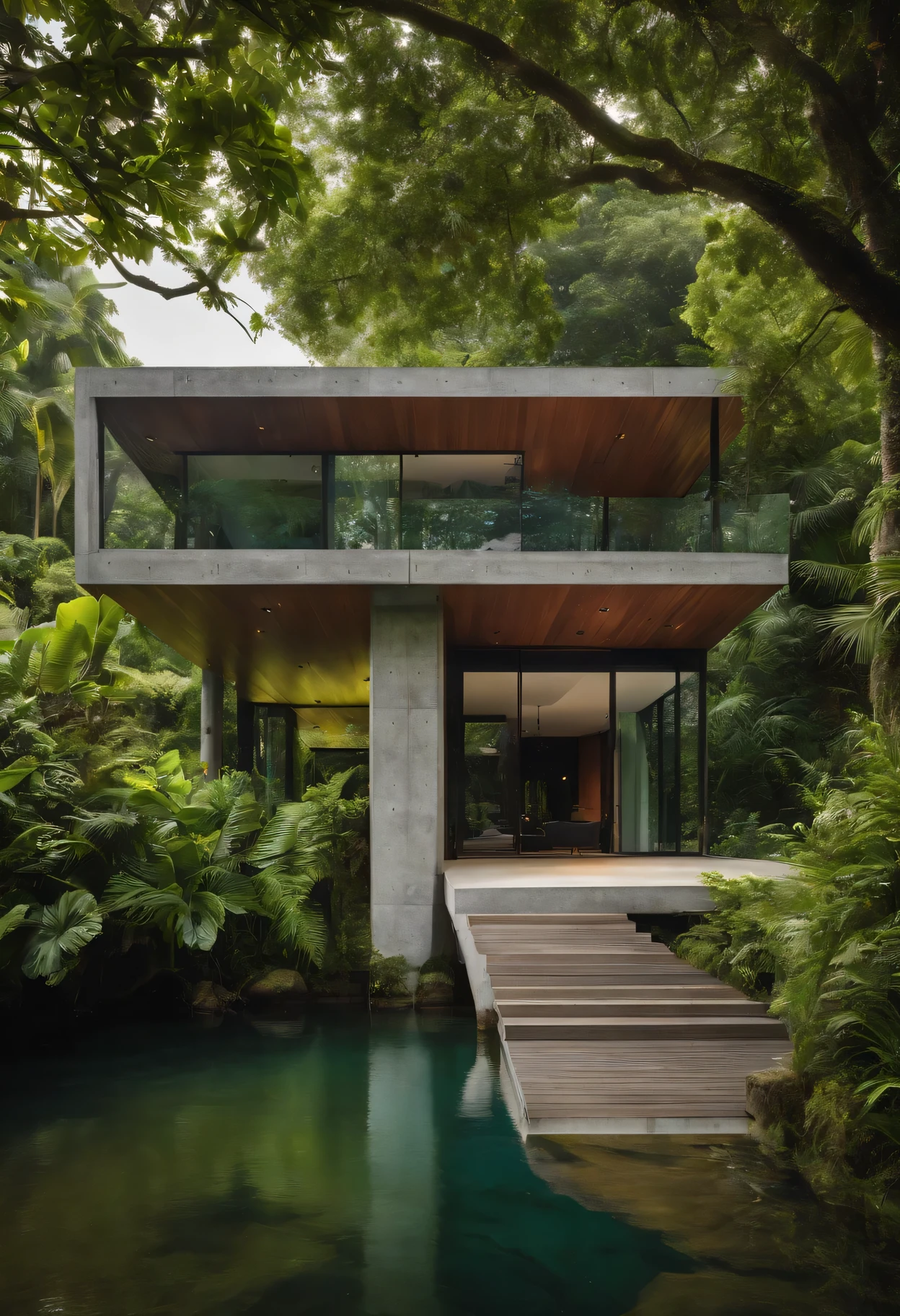Modern concrete house next to water bodies and dense jungle in tropical climates
