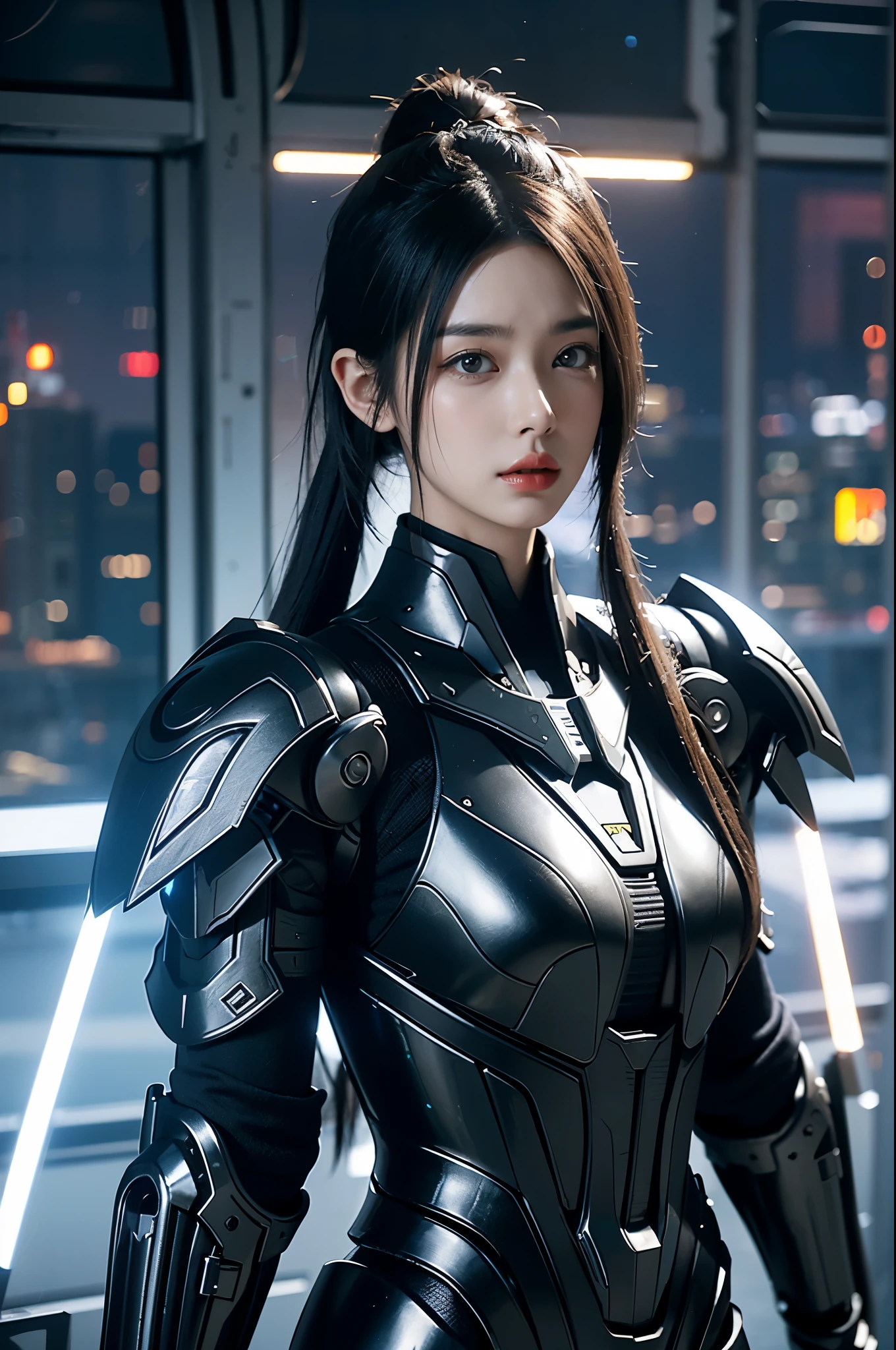 game art，best picture quality，Highest resolution，8k，((A half-length photo))，((portrait))，(rule of thirds)，Unreal Engine 5 rendering works， (Future girl)，(female warrior)， 22-year-old young hacker)，(ancient oriental hairstyle)，(Beautiful eyes full of details)，(big breasts)，(eye shadow)，Elegant and charming，indifferent，((frown))，(A battle suit full of futuristic technology，The costume combines futuristic power armor and，Clothing is decorated with glittering patterns and emblems)，cyberpunk characters，in the style of futuristic， photo poses，city background，lamp，Ray tracing，Game CG，((3D Unreal Engine))，OC rendering reflection pattern