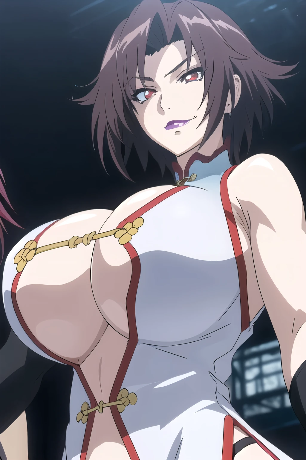 Lee Mayfeng, standing, close-up, mature female, 1girl, anime face, standing, solo, chinese dress, makeup, gigantic breasts, lipstick, red eyes, short hair, brown hair, underboob, cleavage, perfect body, (athletic body:1.1), perfect eyes, anime eyes, smoky eyeliner, eyeshadow, perfect face, smirking, sharp focus, intricate details, masterpiece painting, professional artwork, (vibrant colors:1.1), vivid colors, Diffused lighting, digital blending, ultra detailed body, ultra detail hair, ultra detail face, trending on pixiv, by Kagami Hirotaka,