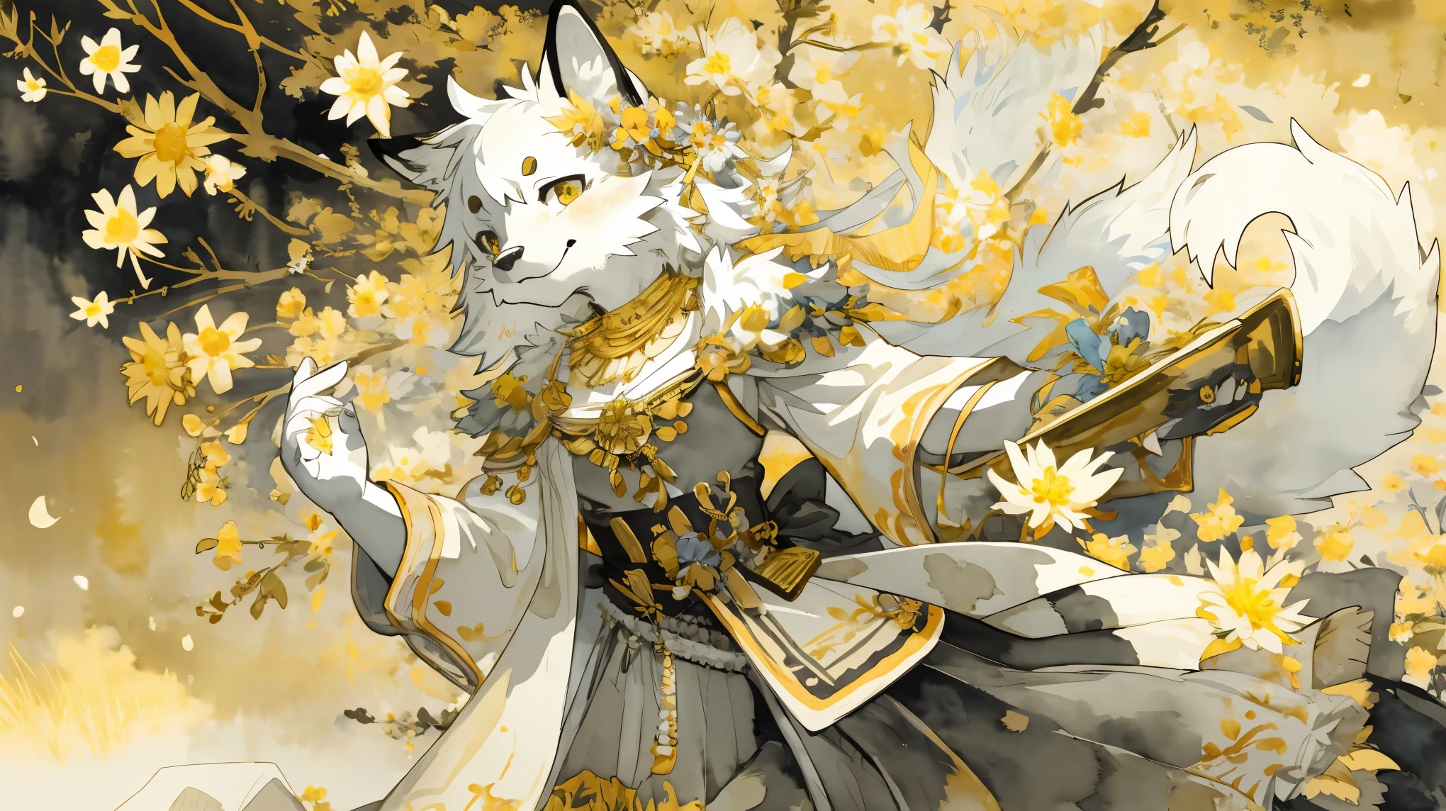 monochrome, watercolor, highres, top quality, best quality, paid reward available, High-quality illustrations, unparalleled masterpiece, perfect artwork, absurdres, 1girl, kemono, furry, detailed body fur, animal face, animal hand, Archaic Smile, holding a cluster of gold flower in both hands, which are positioned at chest level, She is wearing a simple ring on the ring finger of her left hand, unfocused spread of gold flower, fan-created work shared on platforms Pixiv or Twitter, Watercolor elements that seem to shift through time,