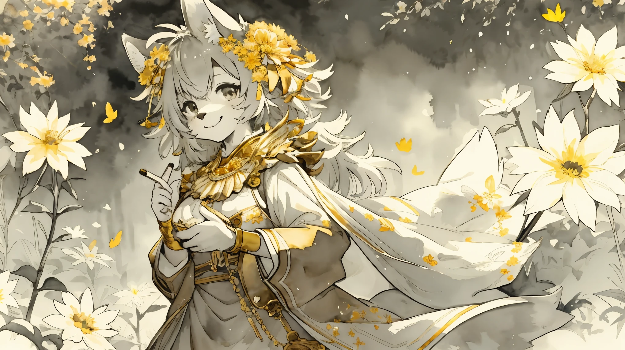 monochrome, watercolor, highres, top quality, best quality, paid reward available, High-quality illustrations, unparalleled masterpiece, perfect artwork, absurdres, 1girl, kemono, furry, detailed body fur, animal face, animal hand, Archaic Smile, holding a cluster of gold flower in both hands, which are positioned at chest level, She is wearing a simple ring on the ring finger of her left hand, unfocused spread of gold flower, fan-created work shared on platforms Pixiv or Twitter, Watercolor elements that seem to shift through time,